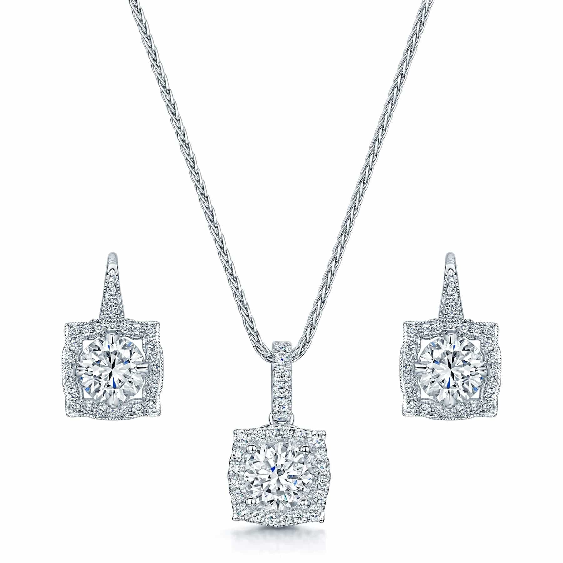 Berry's 18ct White Gold Vintage Style Diamond Pendant & Earrings Set - Berry's Jewellers