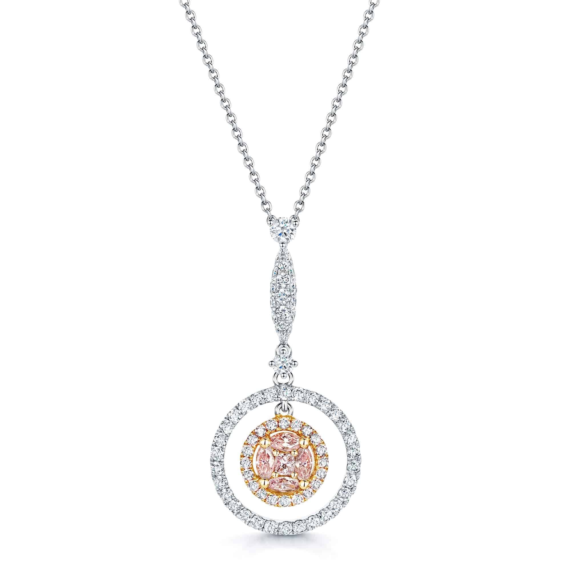 18ct White & Rose Gold Pink Diamond Pendant with Double Diamond Surround