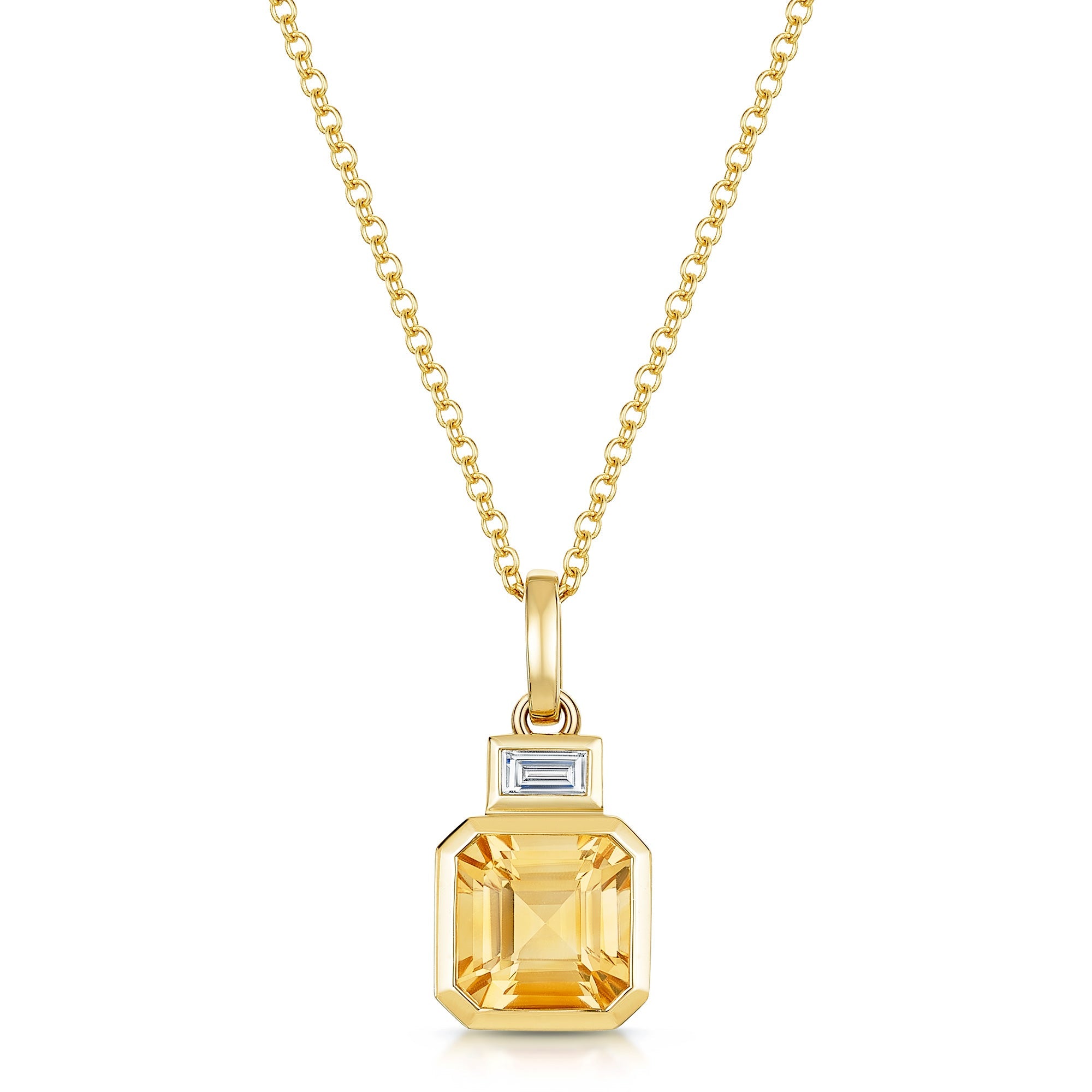 18ct Yellow Gold Citrine & Diamond Rubover Set Pendant