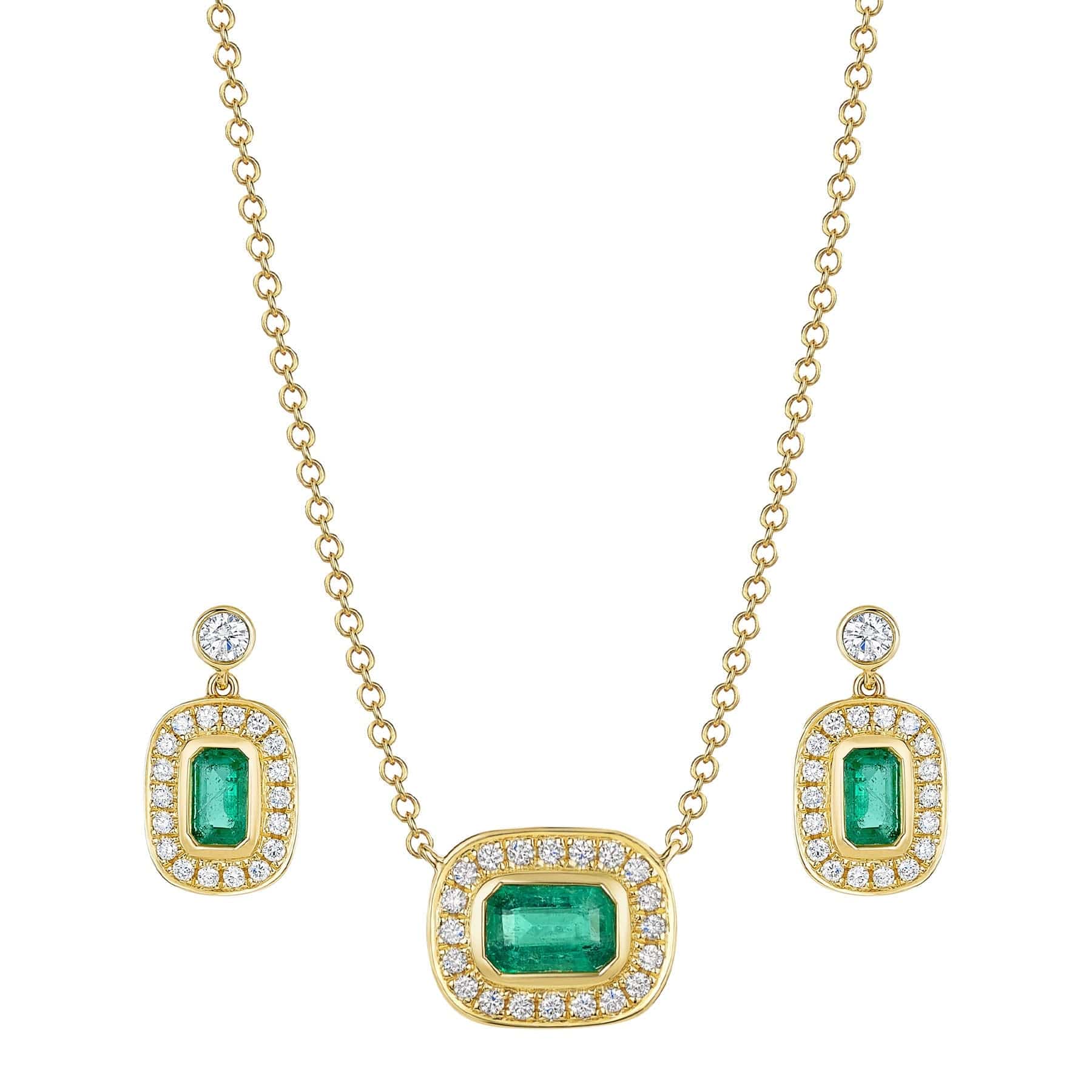 Berry's 18ct Yellow Gold Emerald And Diamond Cluster Pendant & Earring Set - Berry's Jewellers