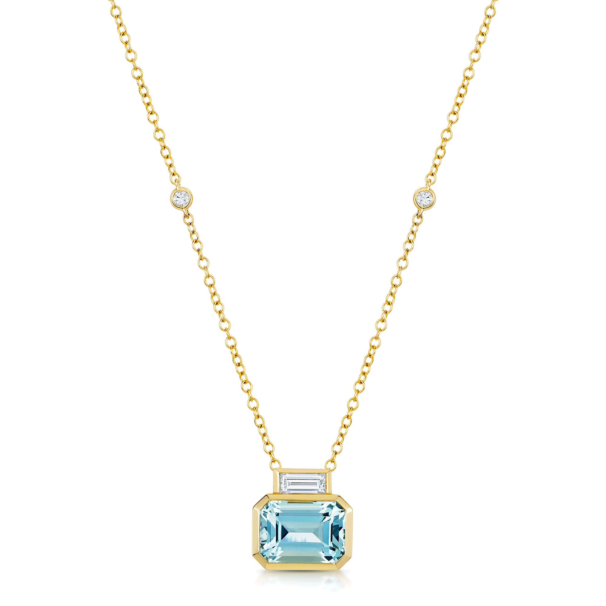 18ct Yellow Gold Emerald Cut Aquamarine And Baguette Cut Diamond Pendant