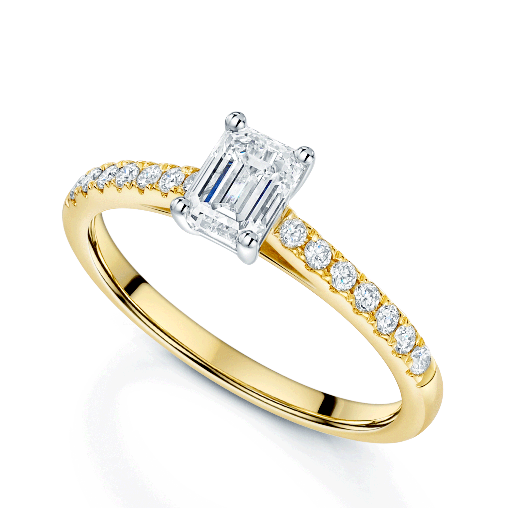 Berry's 18ct Yellow Gold Emerald Cut Diamond Single Stone Ring With Diamond Shoulders - Berry's Jewellers