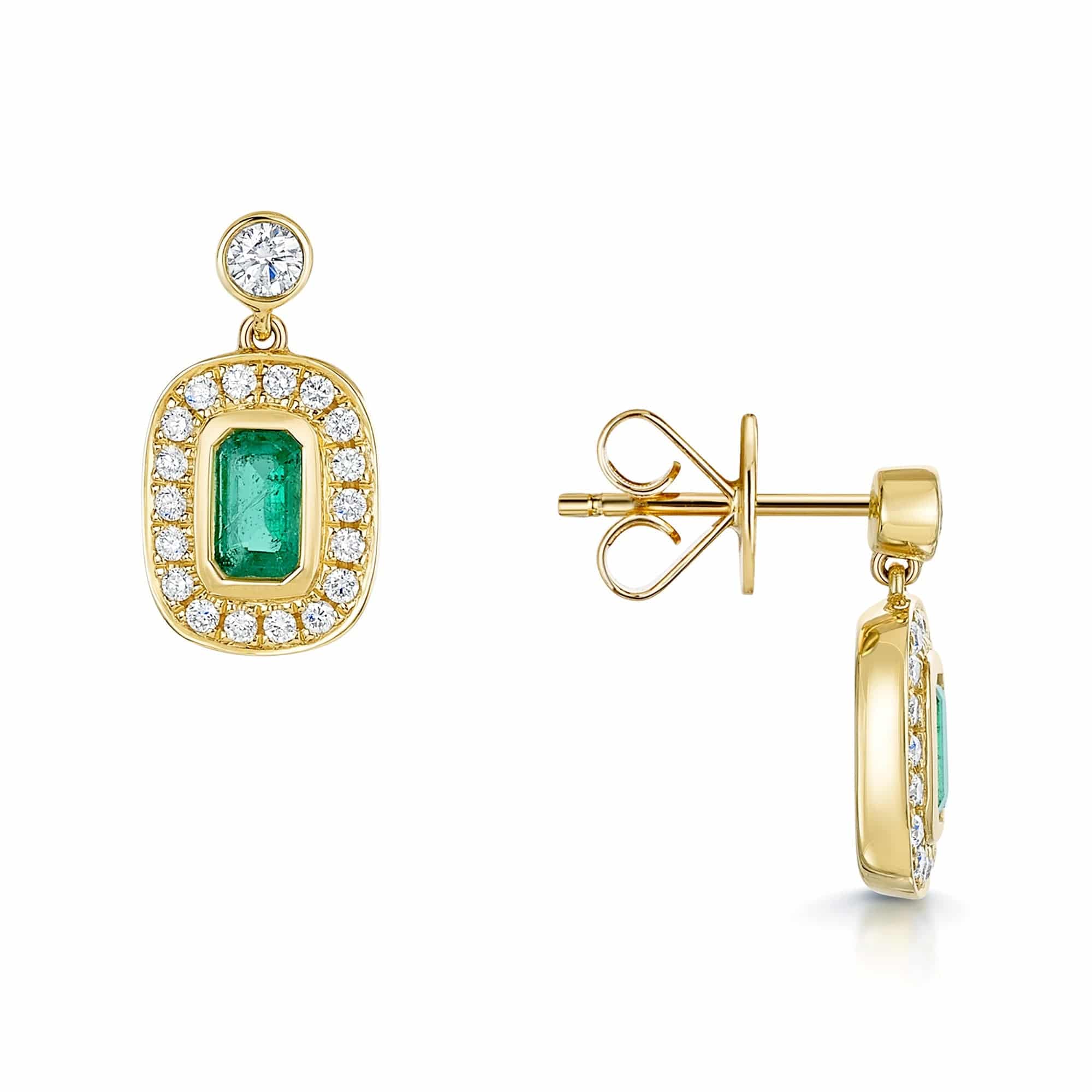 18ct Yellow Gold Emerald & Diamond Cluster Drop Earrings