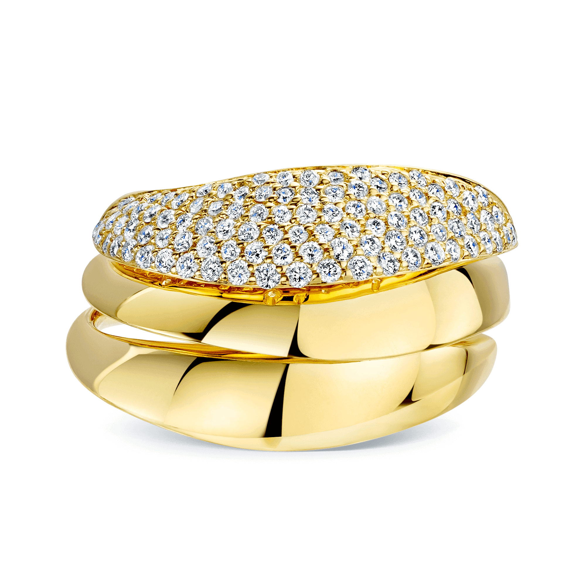 18ct Yellow Gold Offset Triple Band Ring With A Pave Diamond Edge