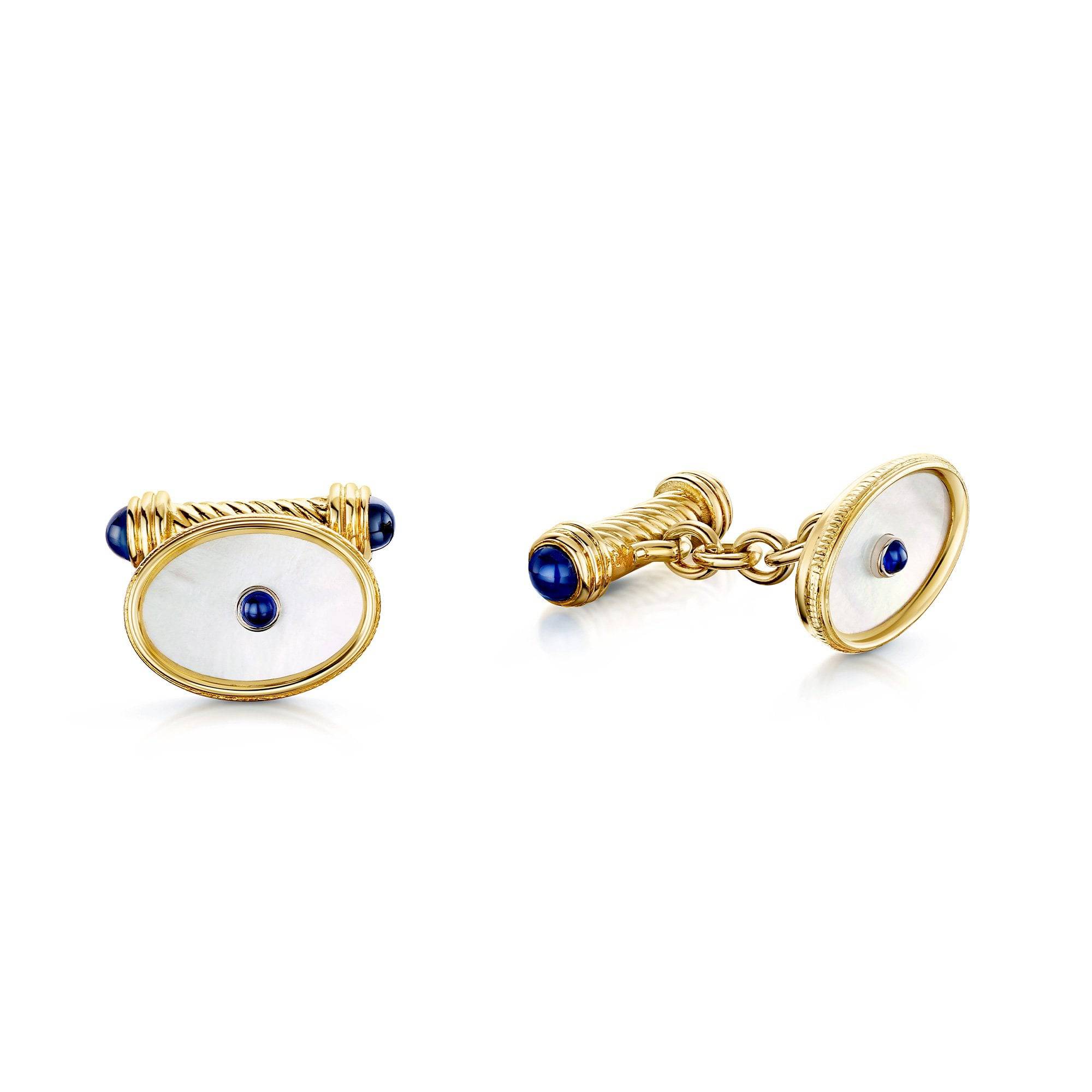 Berry's 18ct Yellow Gold Oval Cufflinks Set With Mother Of Pearl And Cabouchon Sapphires - Berry's Jewellers