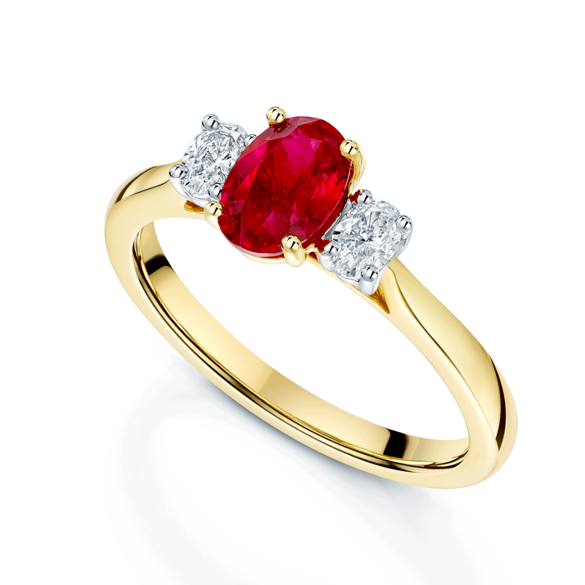 Berry's 18ct Yellow Gold Oval Cut Ruby And Diamond Three Stone Ring - Berry's Jewellers