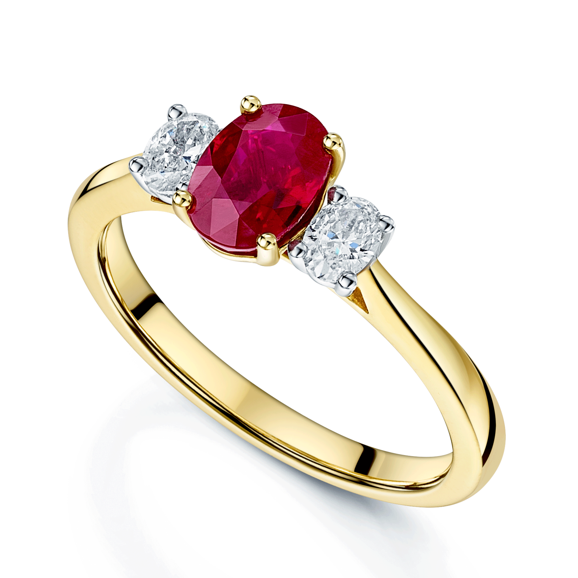 Berry's 18ct Yellow Gold Oval Cut Ruby And Diamond Three Stone Ring - Berry's Jewellers