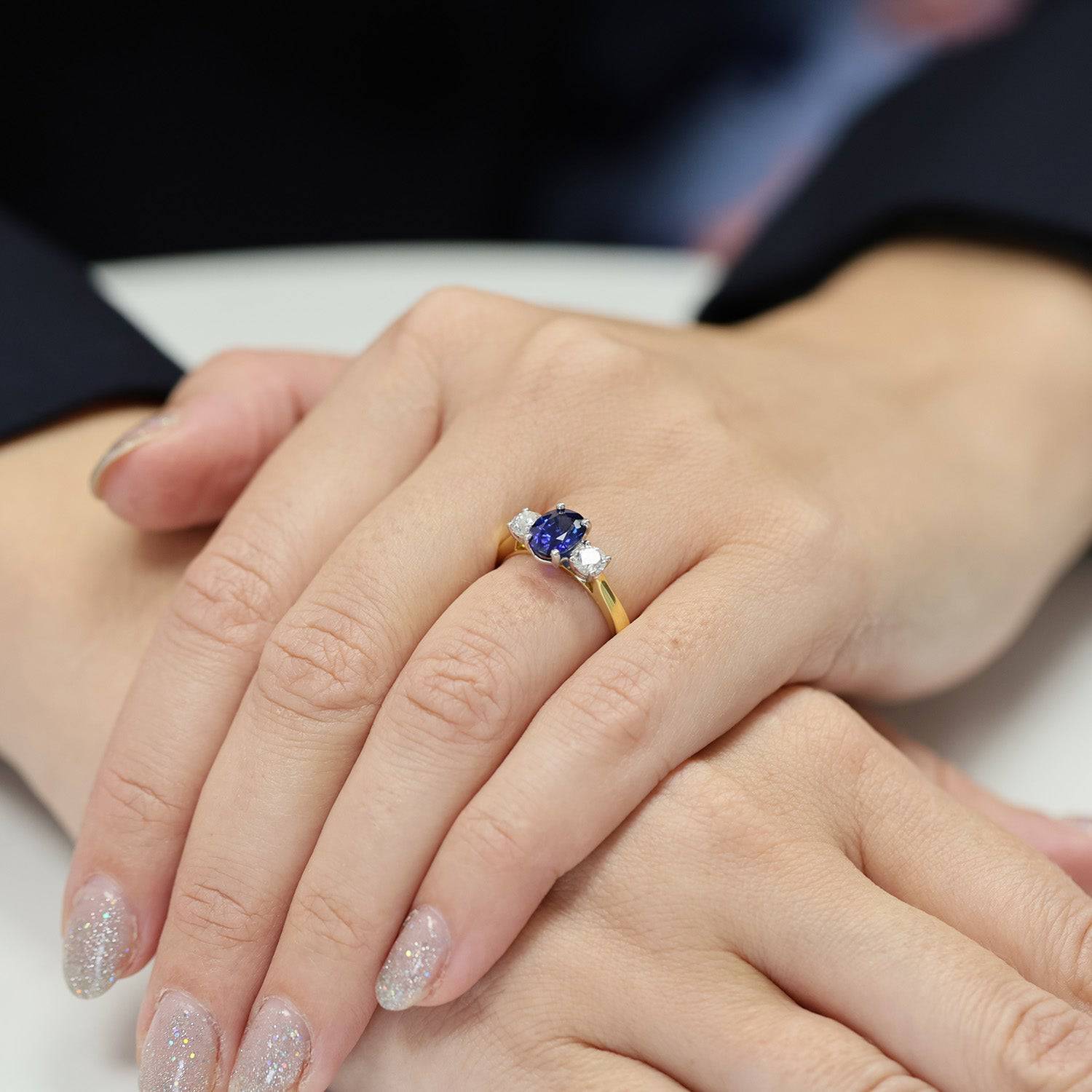 18ct Yellow Gold Oval Cut Sapphire And Diamond Three Stone Ring