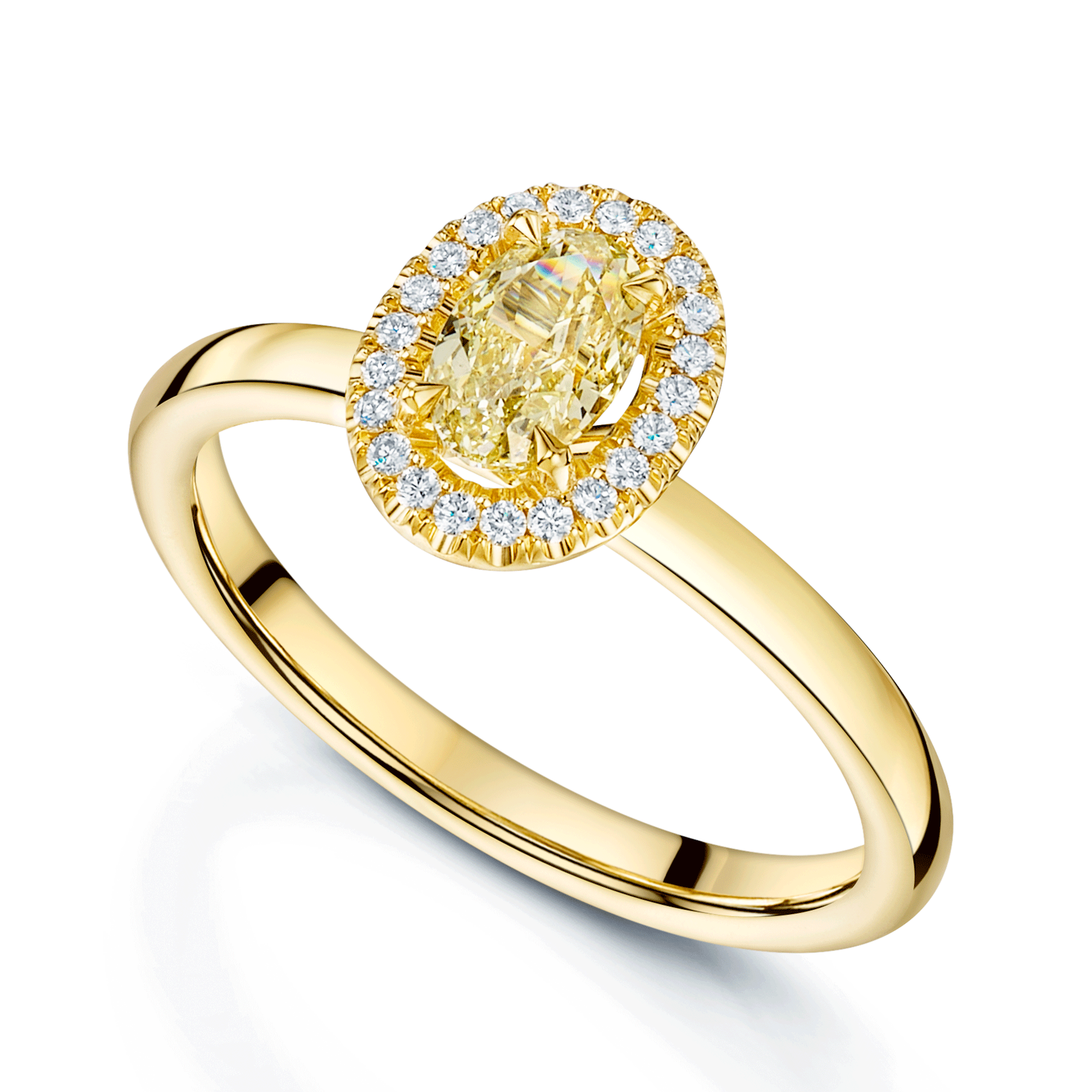 Berry's 18ct Yellow Gold Oval Cut Yellow Diamond Claw Set Halo Ring - Berry's Jewellers