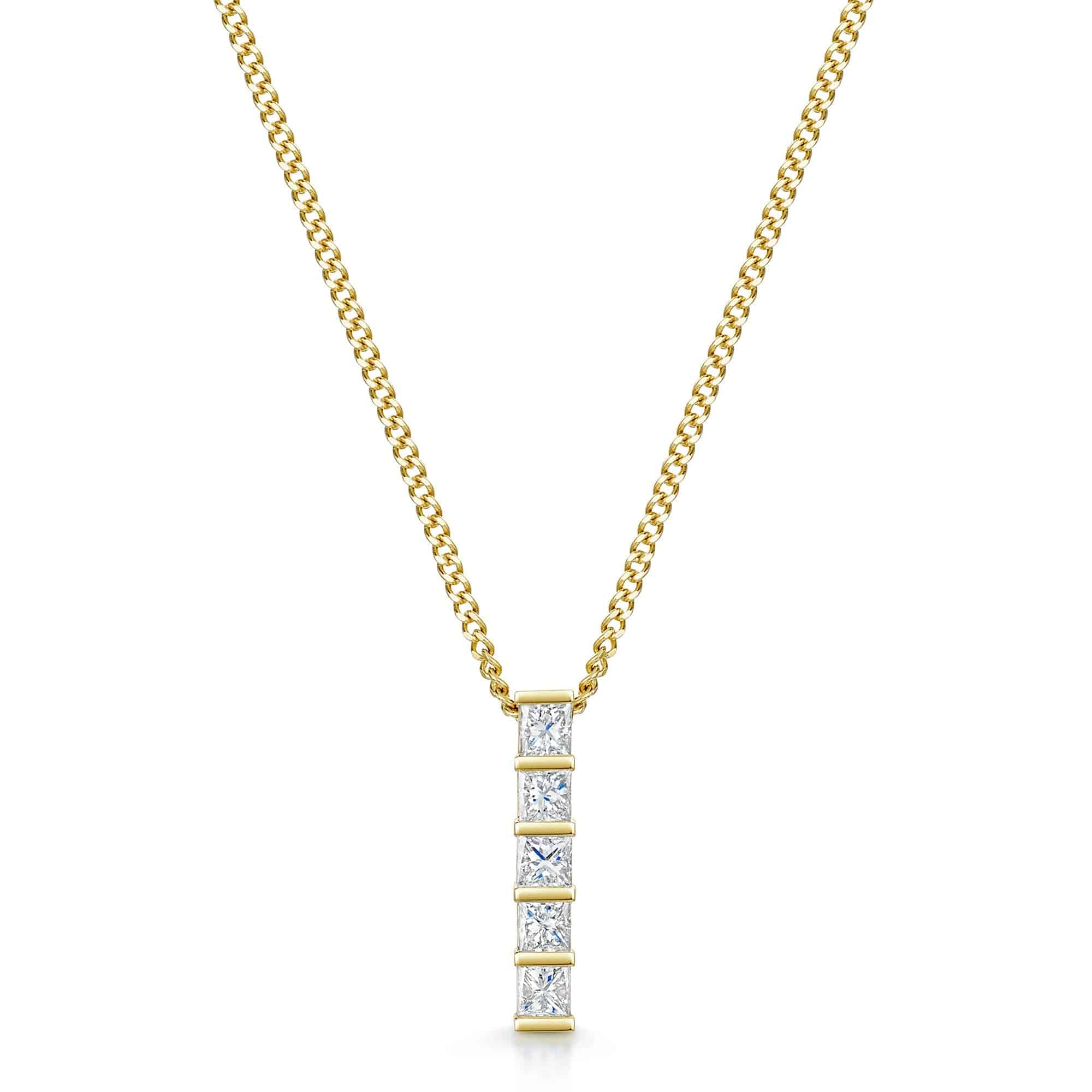 18ct Yellow Gold Princess Cut Diamond Five Stone Bar Set Drop Pendant