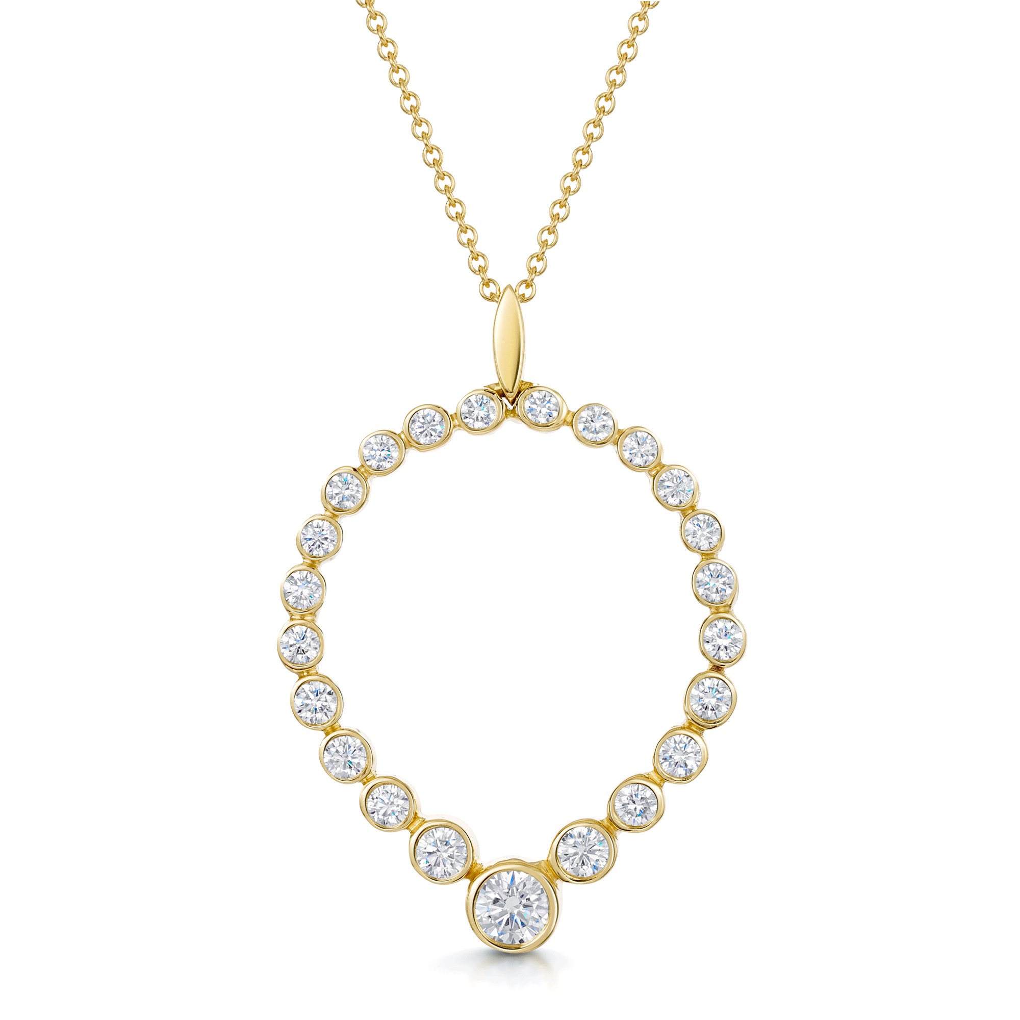 18ct Yellow Gold Round Brilliant Cut Diamond Rub Over Fancy Graduated Drop Pendant