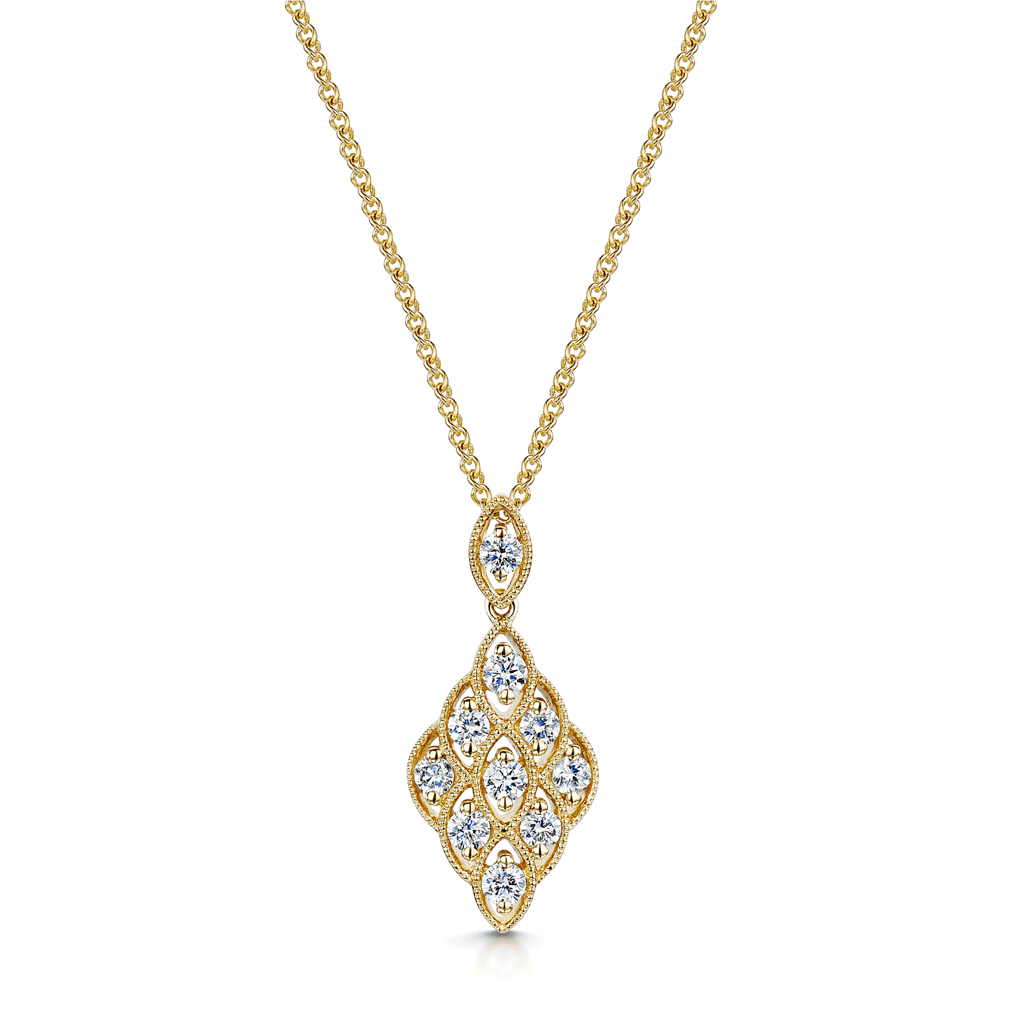 18ct Yellow Gold Round Brilliant Cut Diamond Set Vintage Style Pendant