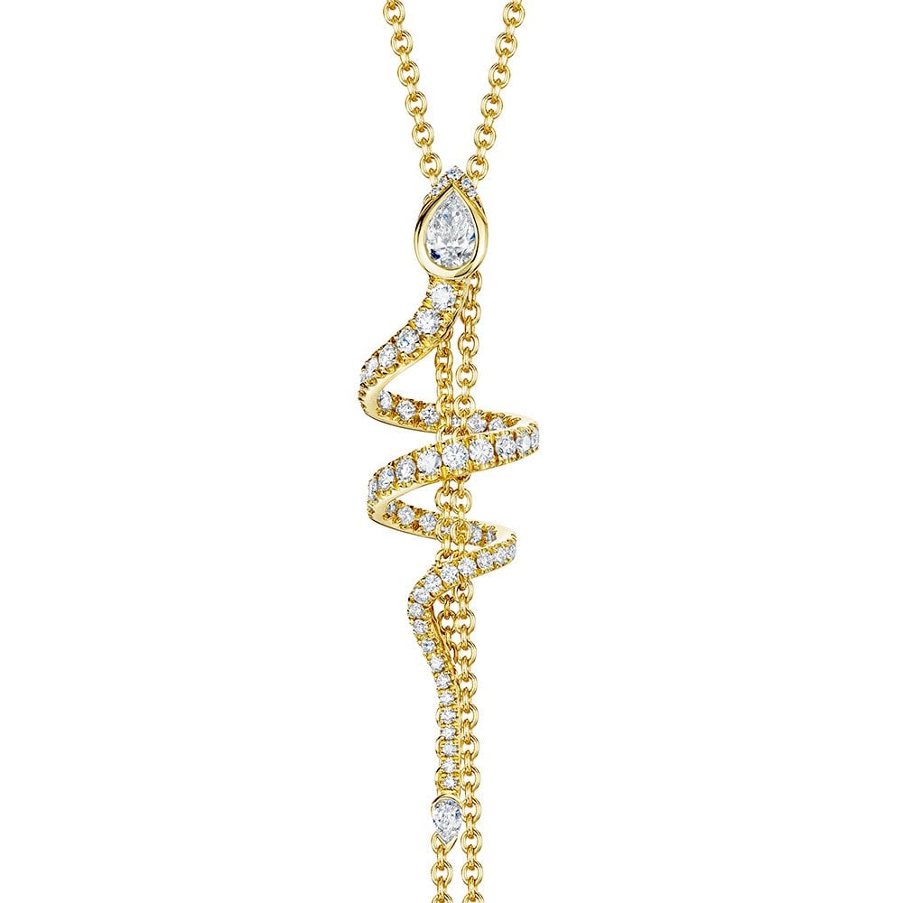 18ct Yellow Gold Serpente Pear And Round Brilliant Cut Diamond Spiral Pave Necklet With Diamond Tassels