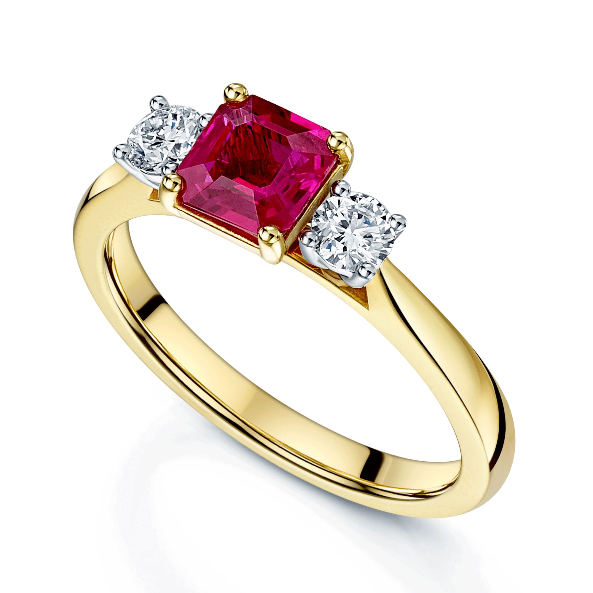 18ct Yellow Gold Square Cut Ruby And Round Brilliant Cut Diamond Three Stone Ring