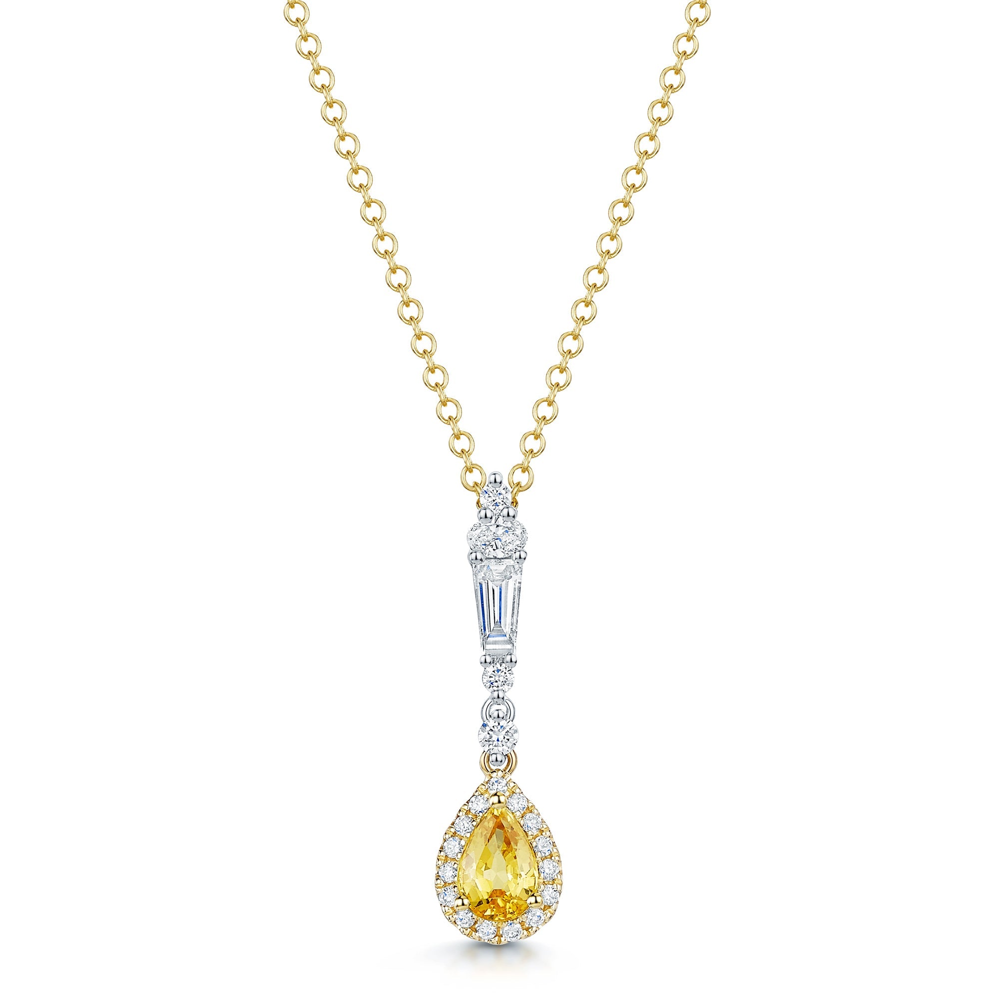 18ct Yellow & White Gold Pear Cut Yellow Sapphire Diamond Halo Pendant