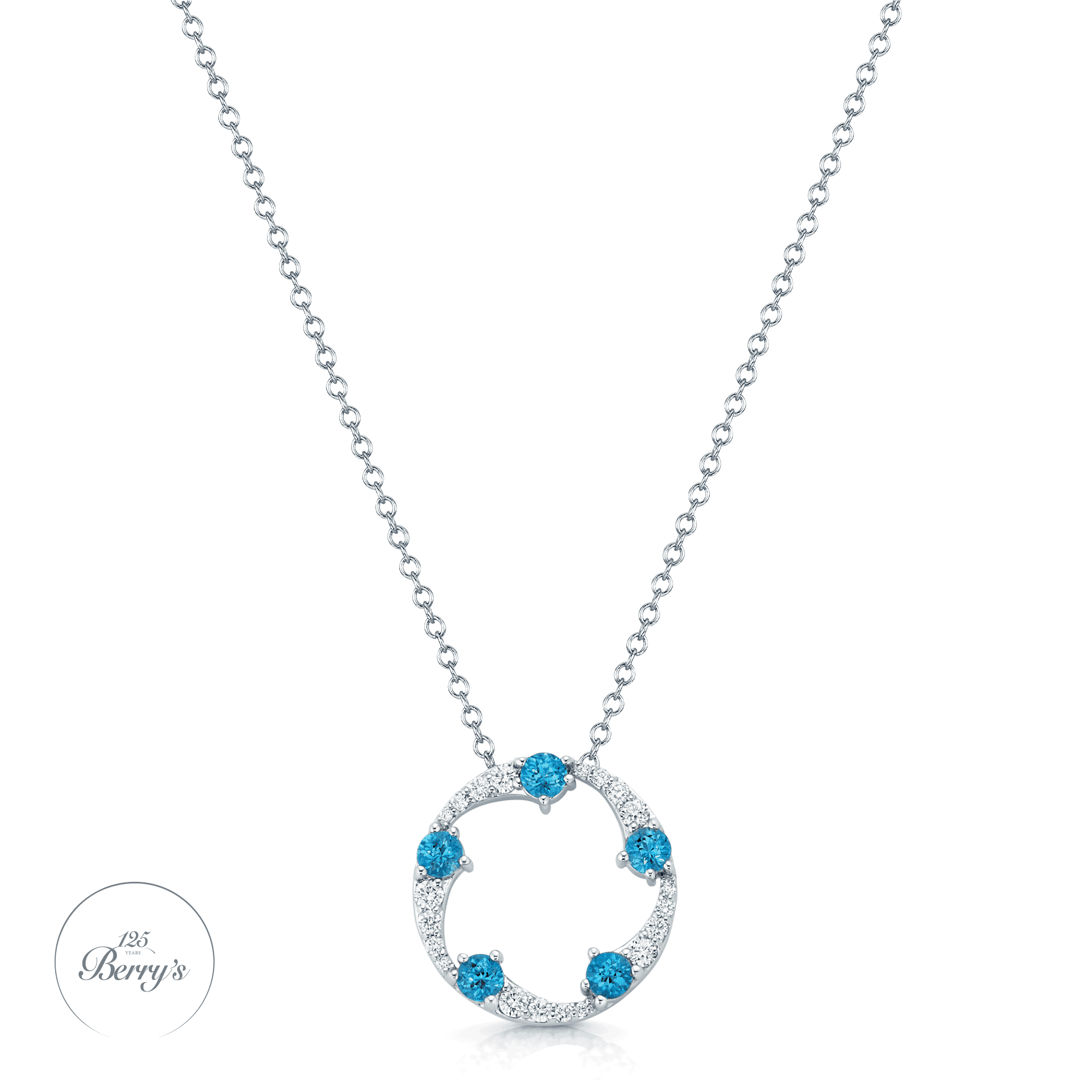 Berry's OPEIA Collection 18ct White Gold Aquamarine And Diamond Fancy Circle Pendant With Chain - Berry's Jewellers