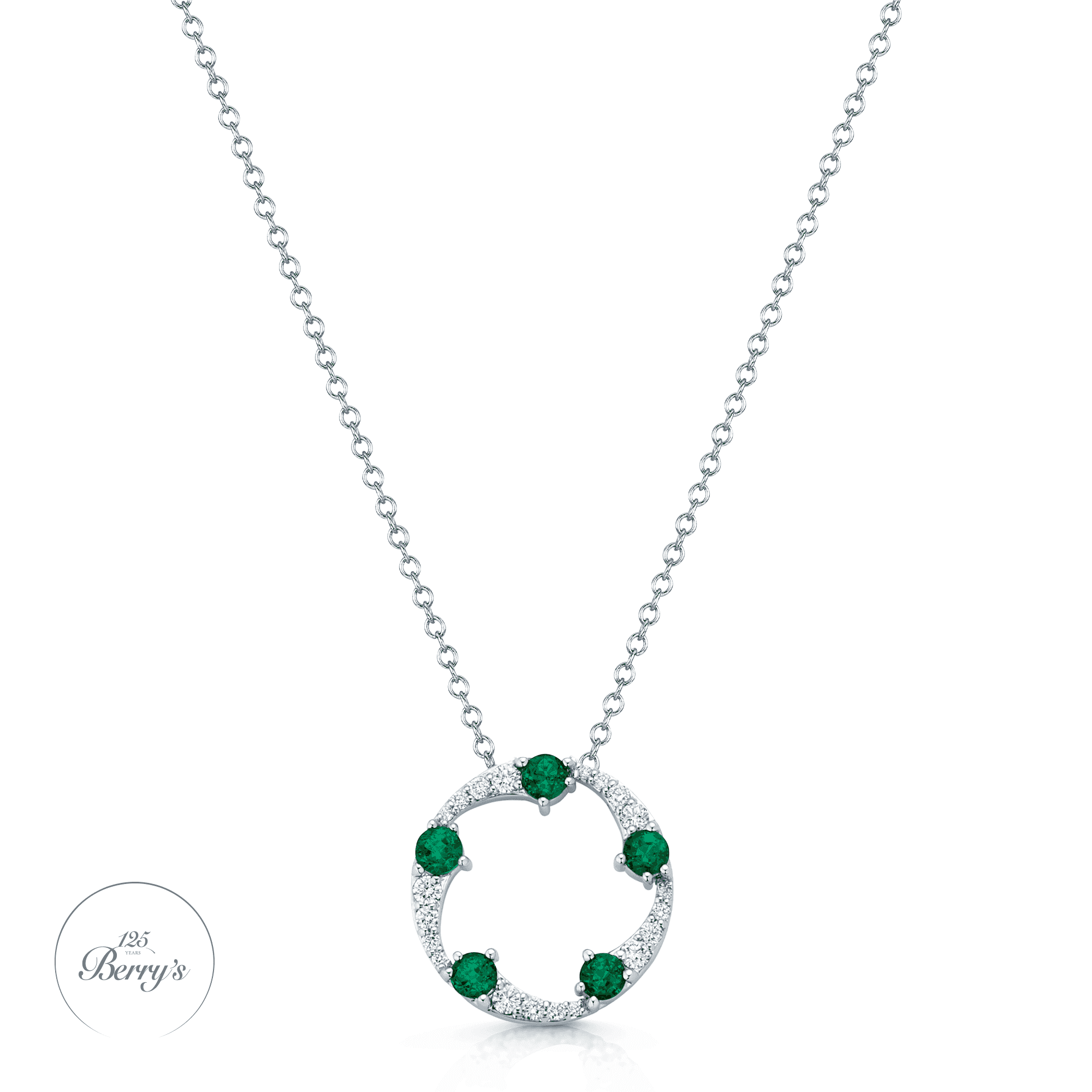 Berry's OPEIA Collection 18ct White Gold Emerald And Diamond Fancy Circle Pendant With Chain - Berry's Jewellers