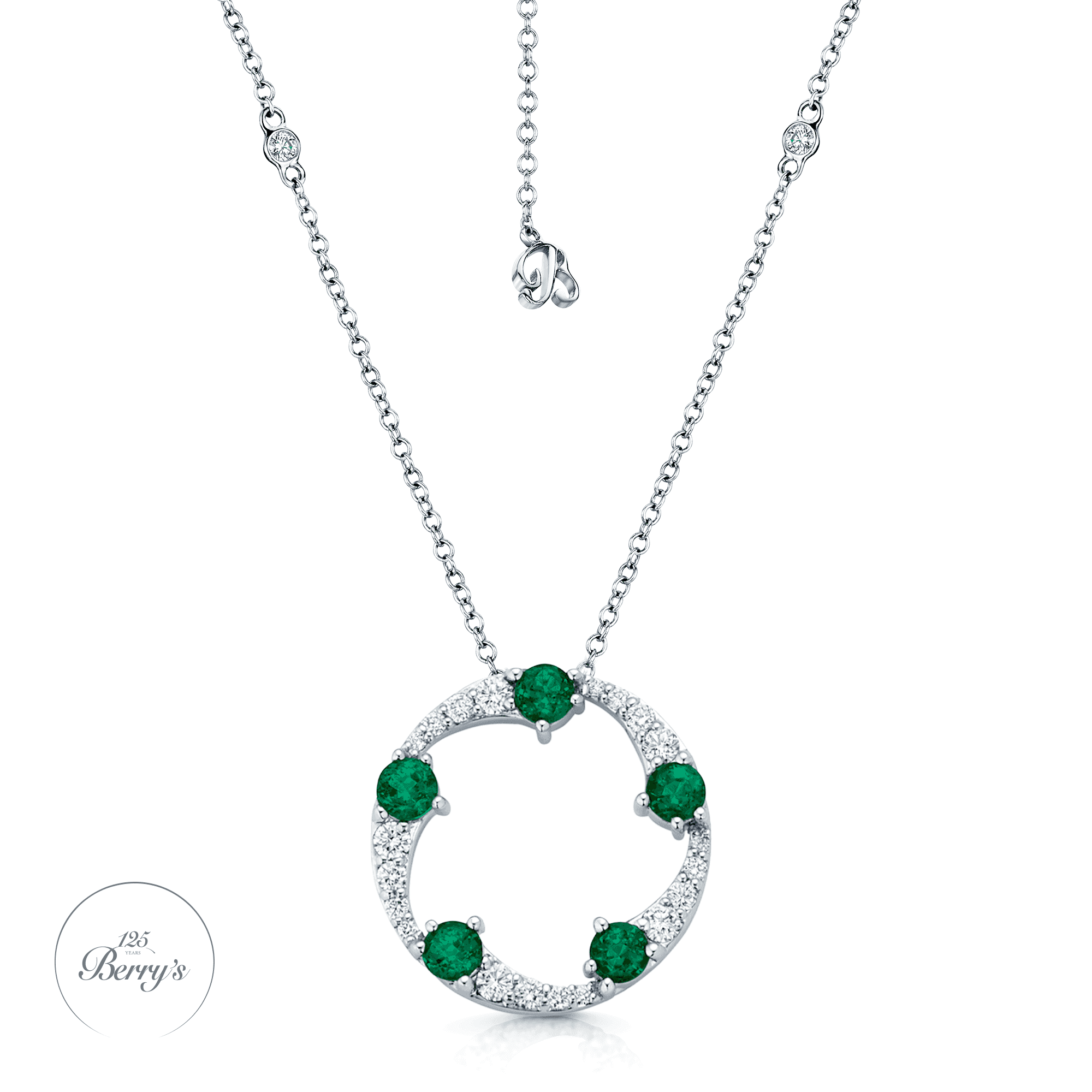 Berry's OPEIA Collection 18ct White Gold Emerald And Diamond Fancy Large Circle Pendant With Chain - Berry's Jewellers