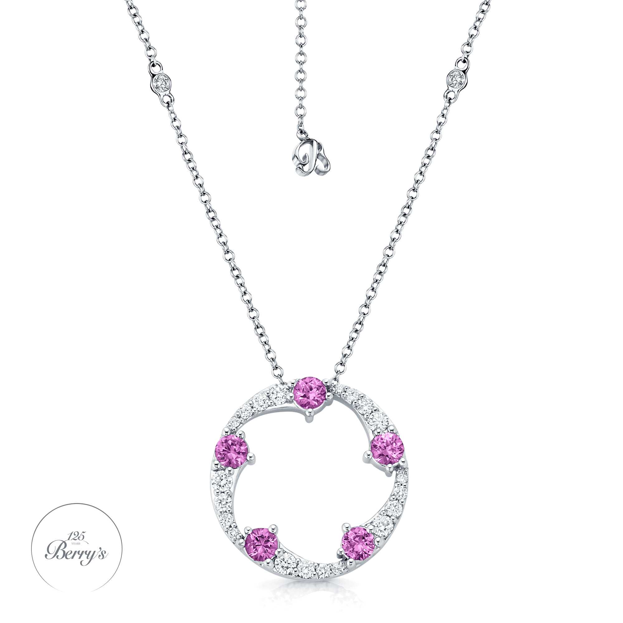 Berry's OPEIA Collection 18ct White Gold Pink Sapphire And Diamond Fancy Large Circle Pendant With Chain - Berry's Jewellers