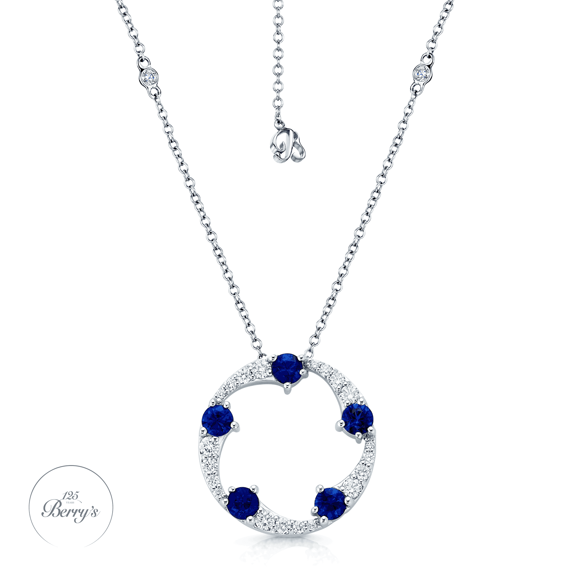 Berry's OPEIA Collection 18ct White Gold Sapphire Diamond Fancy Large Circle Pendant With Chain - Berry's Jewellers