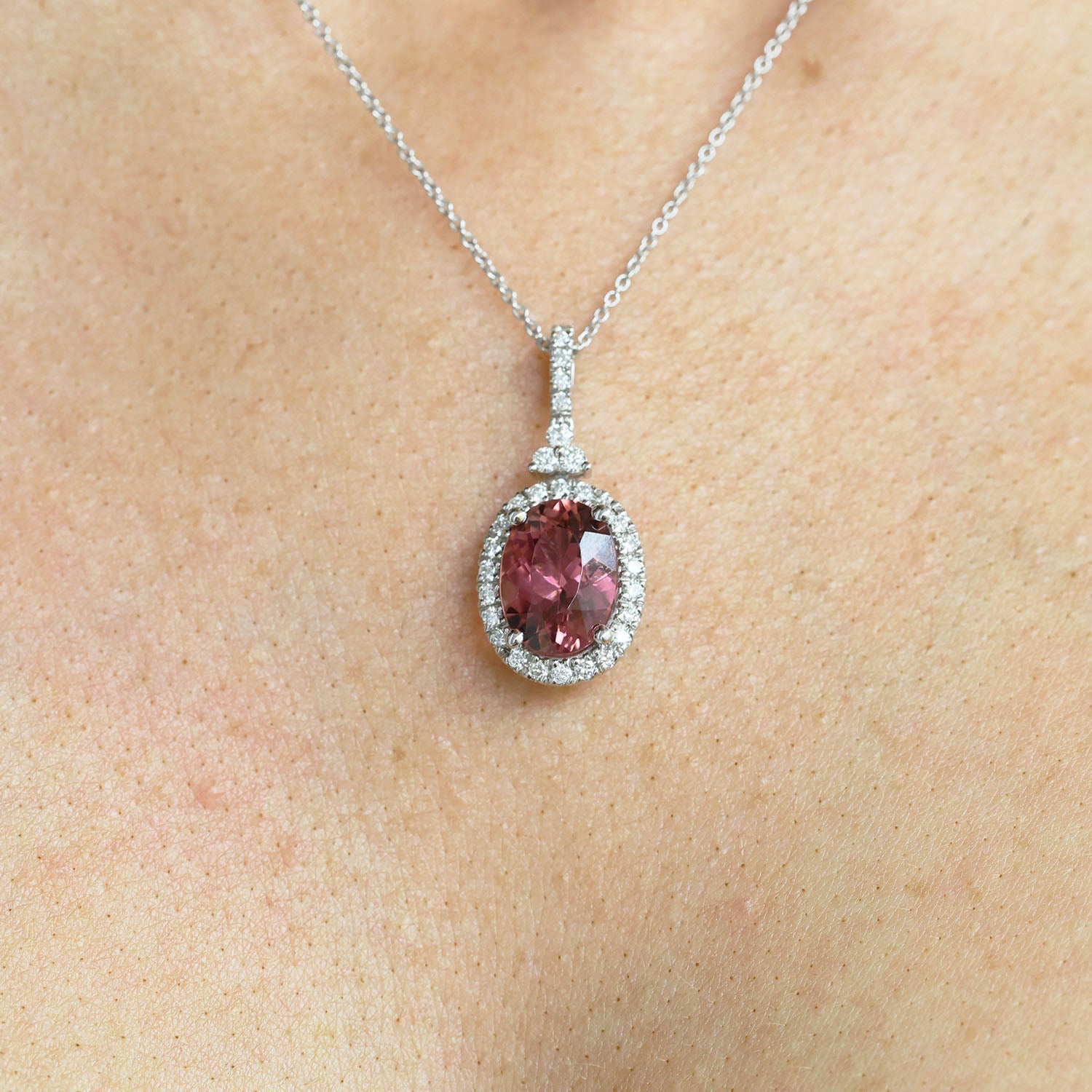 Pink Tourmaline Oval Cut Diamond Halo Pendant