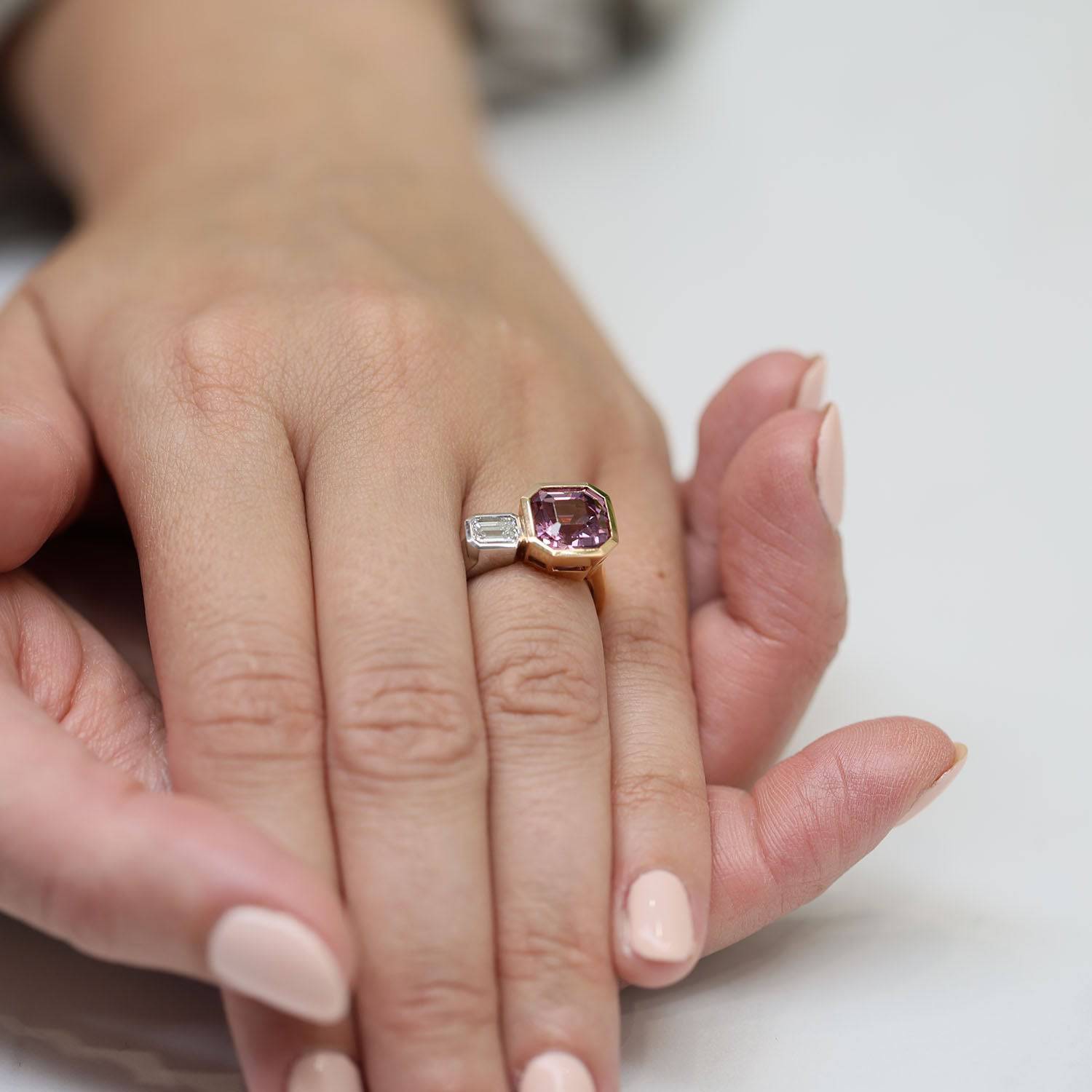 Berry's Platinum And 18ct Rose Gold Rectangle Cut Malayan Pink Garnet And GIA Certificated Diamond Dress Ring - Berry's Jewellers