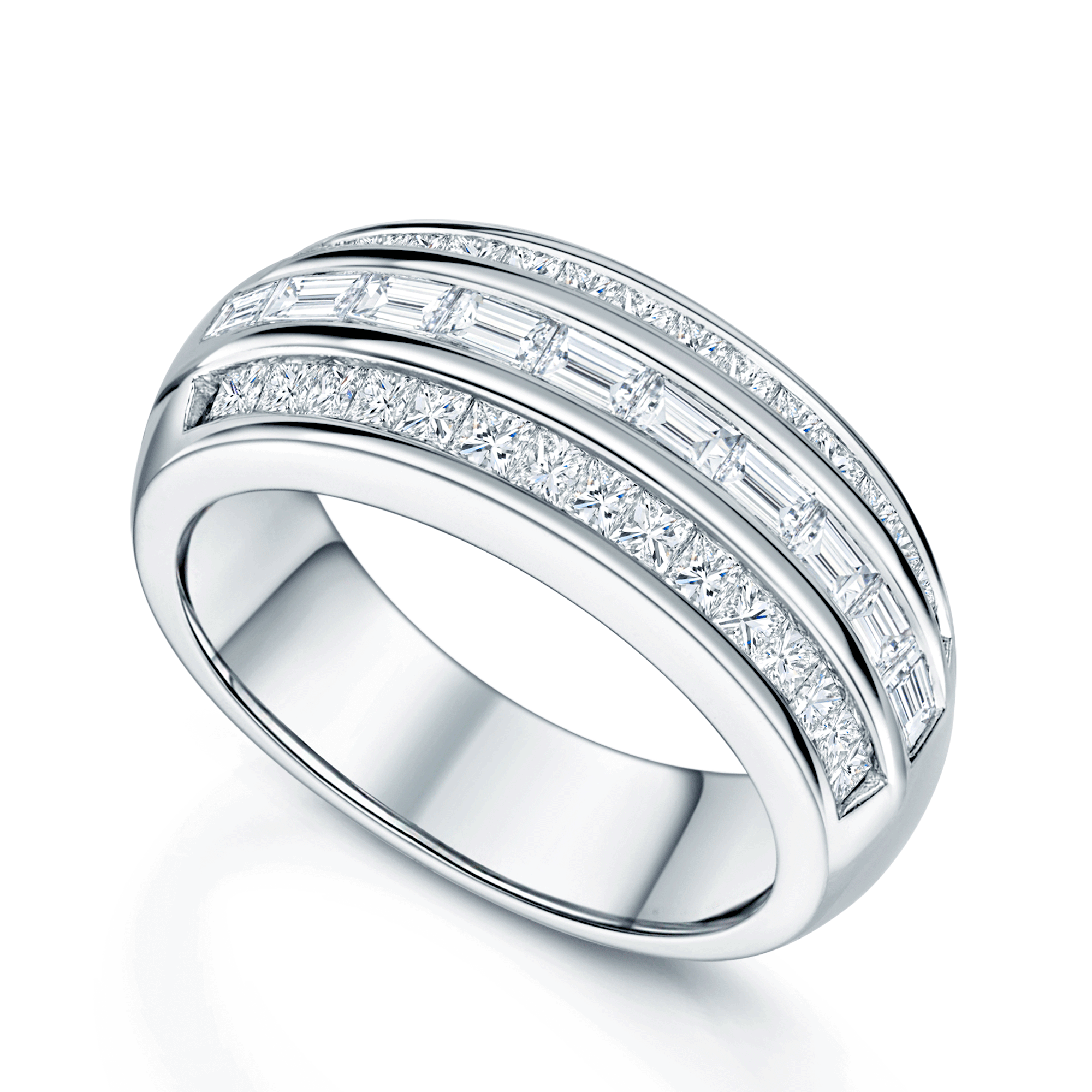 Berry's Platinum Baguette And Princess Cut Diamond Three Row Dress Ring - Berry's Jewellers