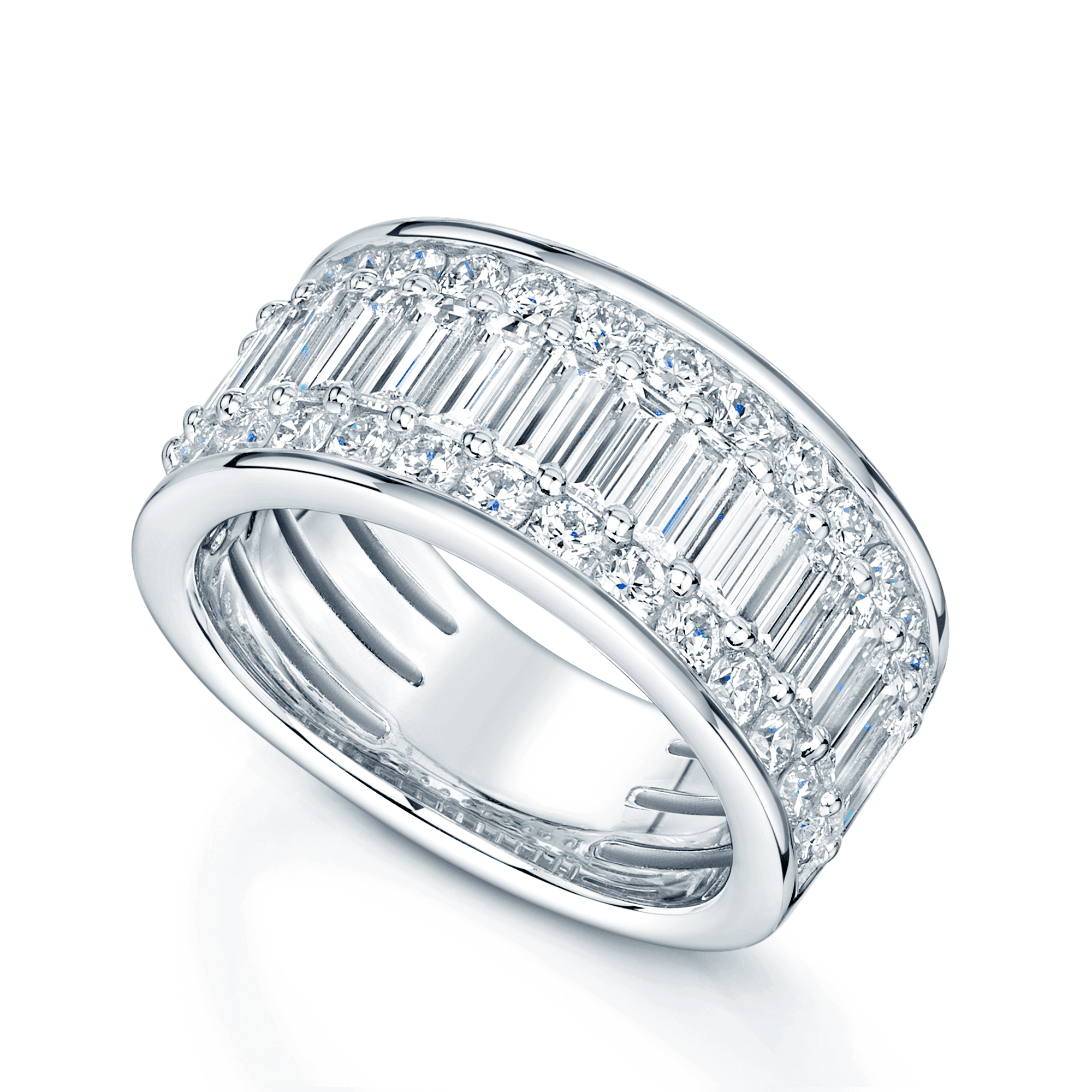 Berry's Platinum Baguette Cut And Round Brilliant Cut Diamond three Row Wide Fancy Dress Ring - Berry's Jewellers