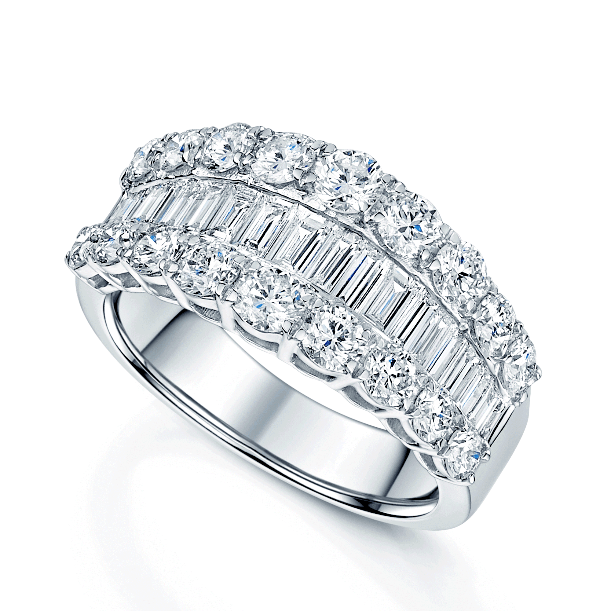 Berry's Platinum Channel Set Round Brilliant and Baguette Cut Diamond Three Row Ring - Berry's Jewellers