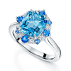 Platinum Cushion Cut Aquamarine Halo Dress Ring With Alternately Set Blue Sapphire and Diamonds.