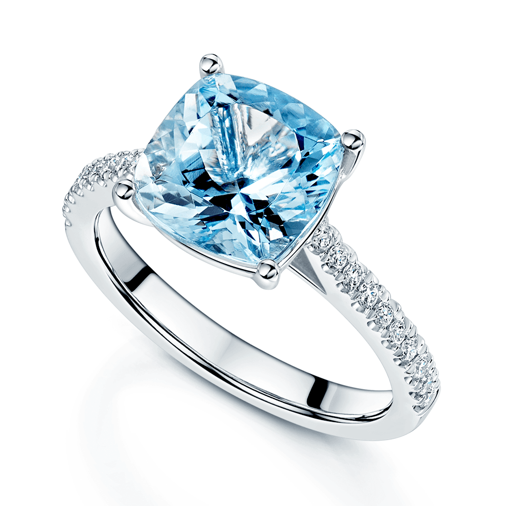 Platinum Cushion Cut Aquamarine Ring with Round Brilliant Diamond Set Shoulders