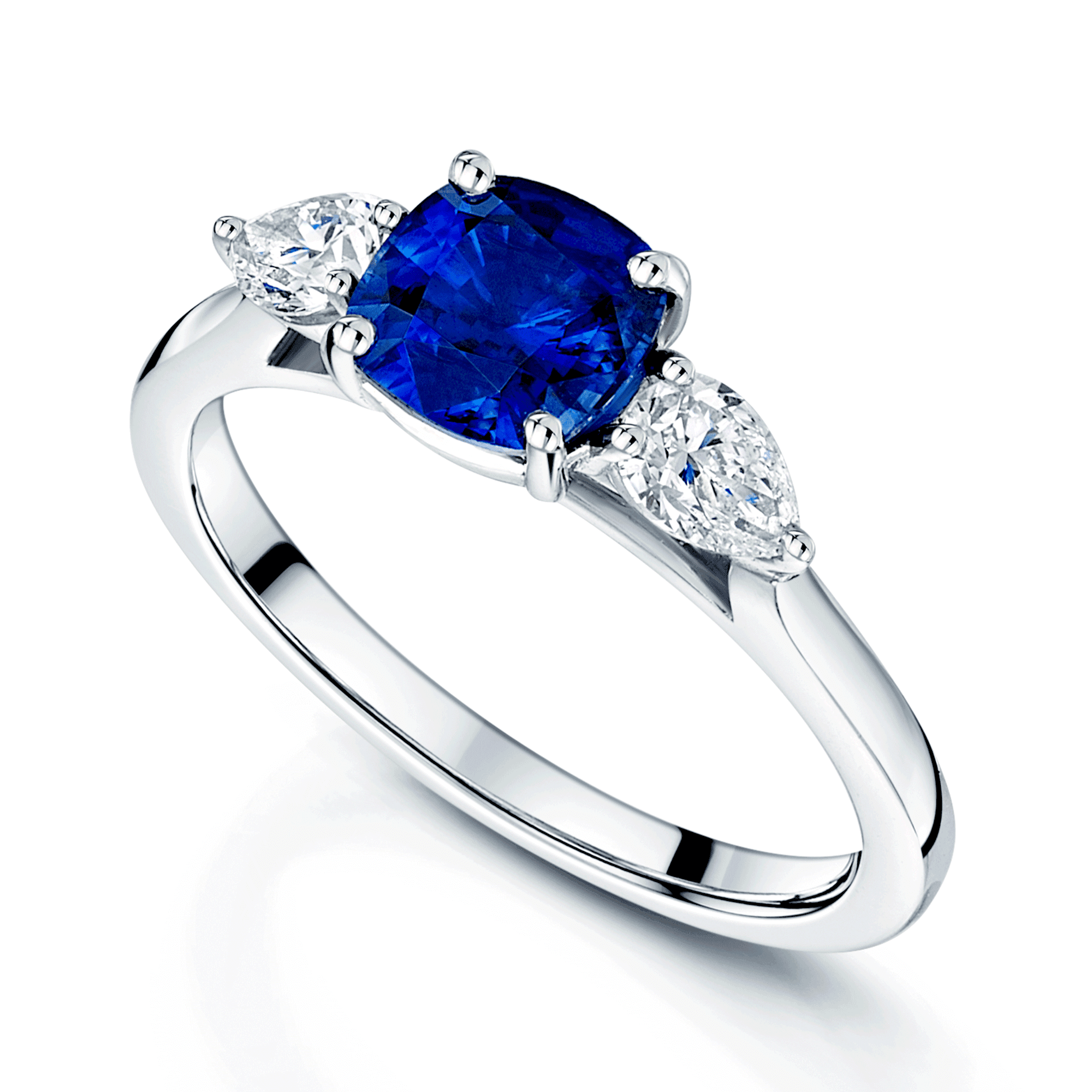 Berry's Platinum Cushion Cut Blue Sapphire & Pear Cut Diamond Three Stone Ring - Berry's Jewellers