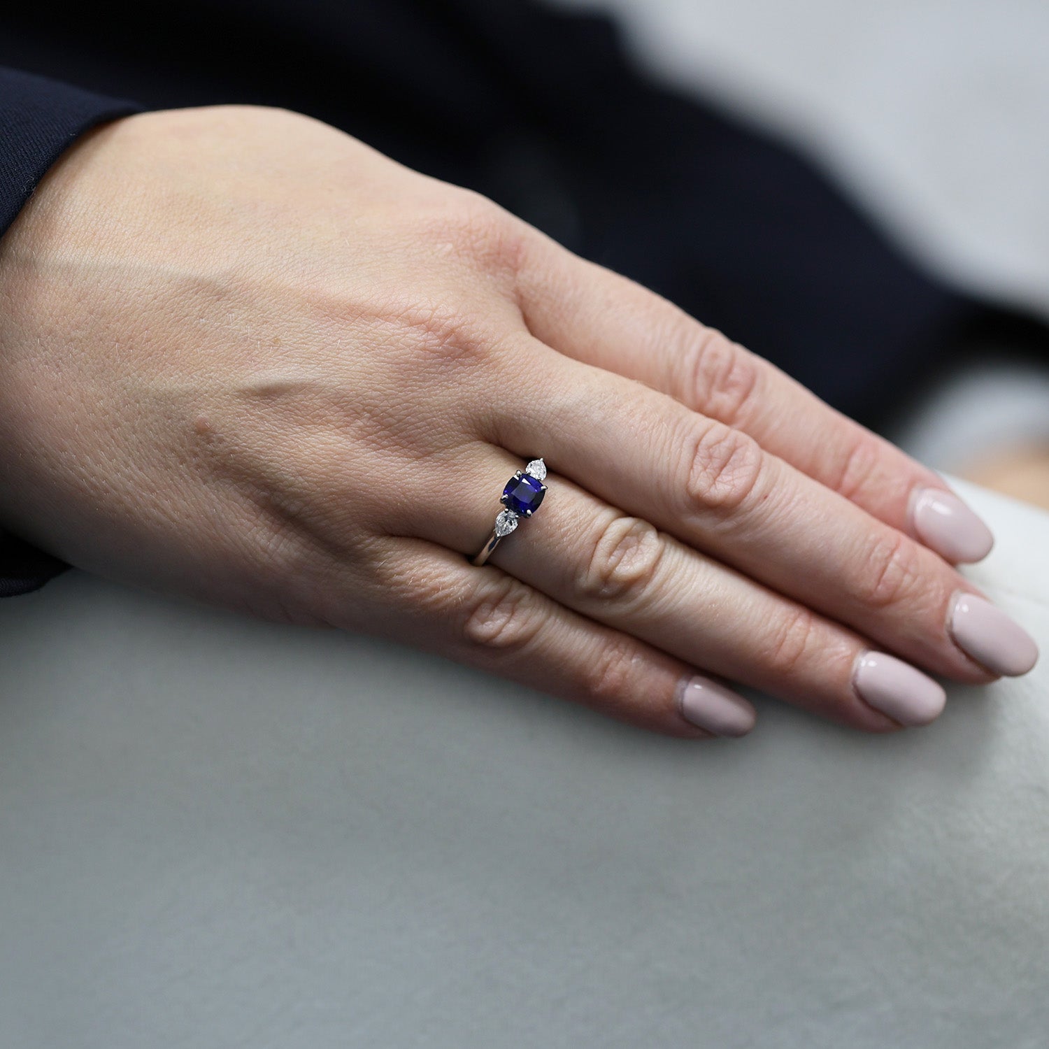 Berry's Platinum Cushion Cut Blue Sapphire & Pear Cut Diamond Three Stone Ring - Berry's Jewellers