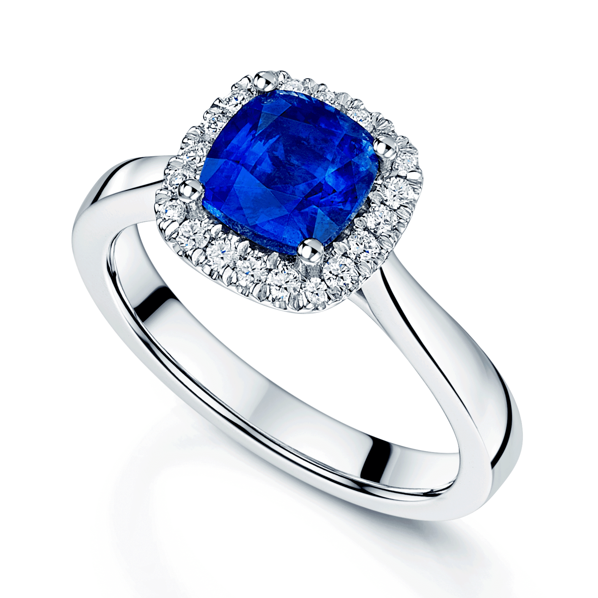 Berry's Platinum Cushion Cut Blue Sapphire & Round Brilliant Cut Diamond Halo Ring - Berry's Jewellers