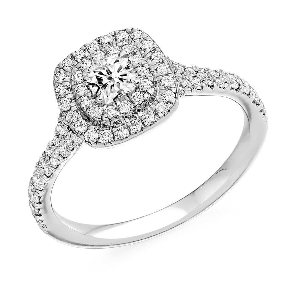 Platinum Cushion Cut Diamond Double Halo Surround Ring With Diamond Shoulders