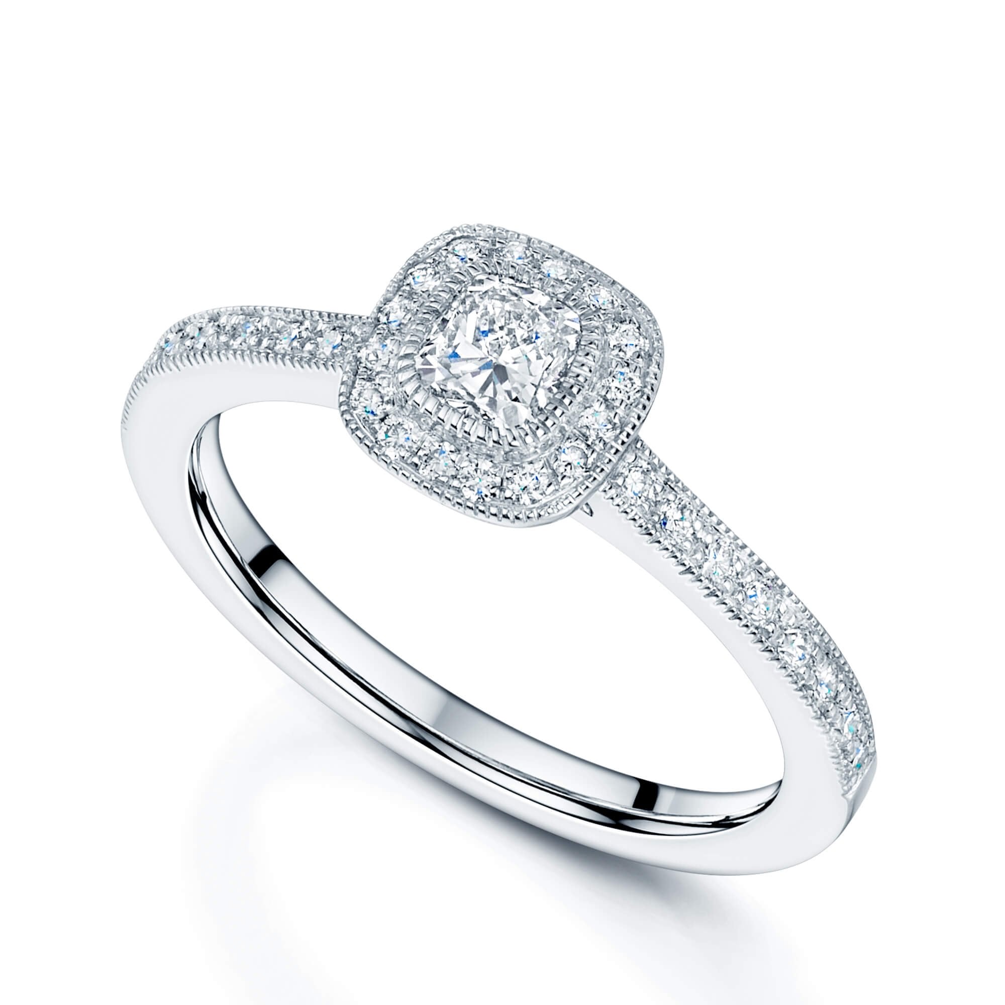 Platinum Cushion Cut Diamond Halo Ring With Diamond Set Millgrain Edge Shoulders