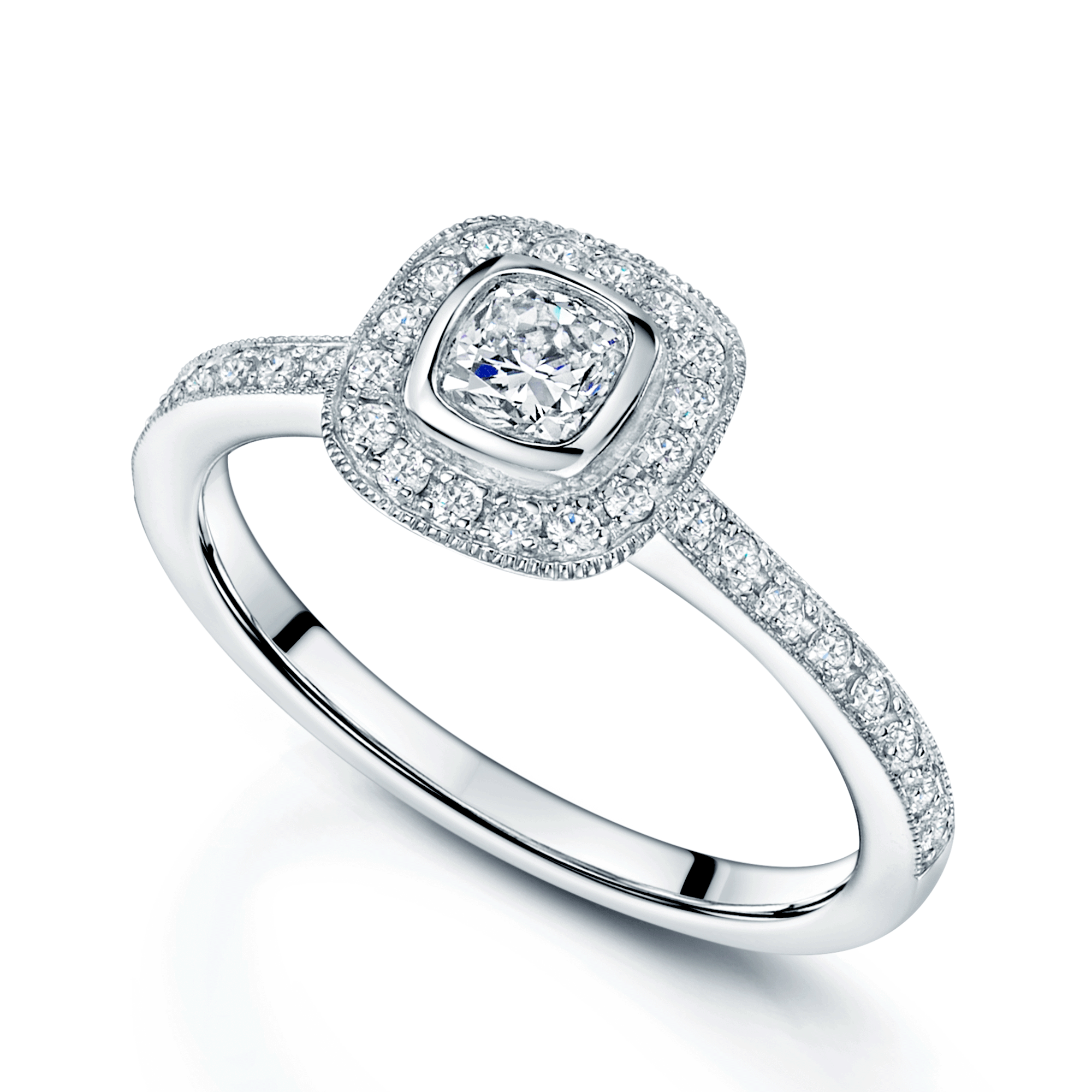 Platinum Cushion Cut Diamond Rub Over Set Halo Ring With Diamond Shoulders