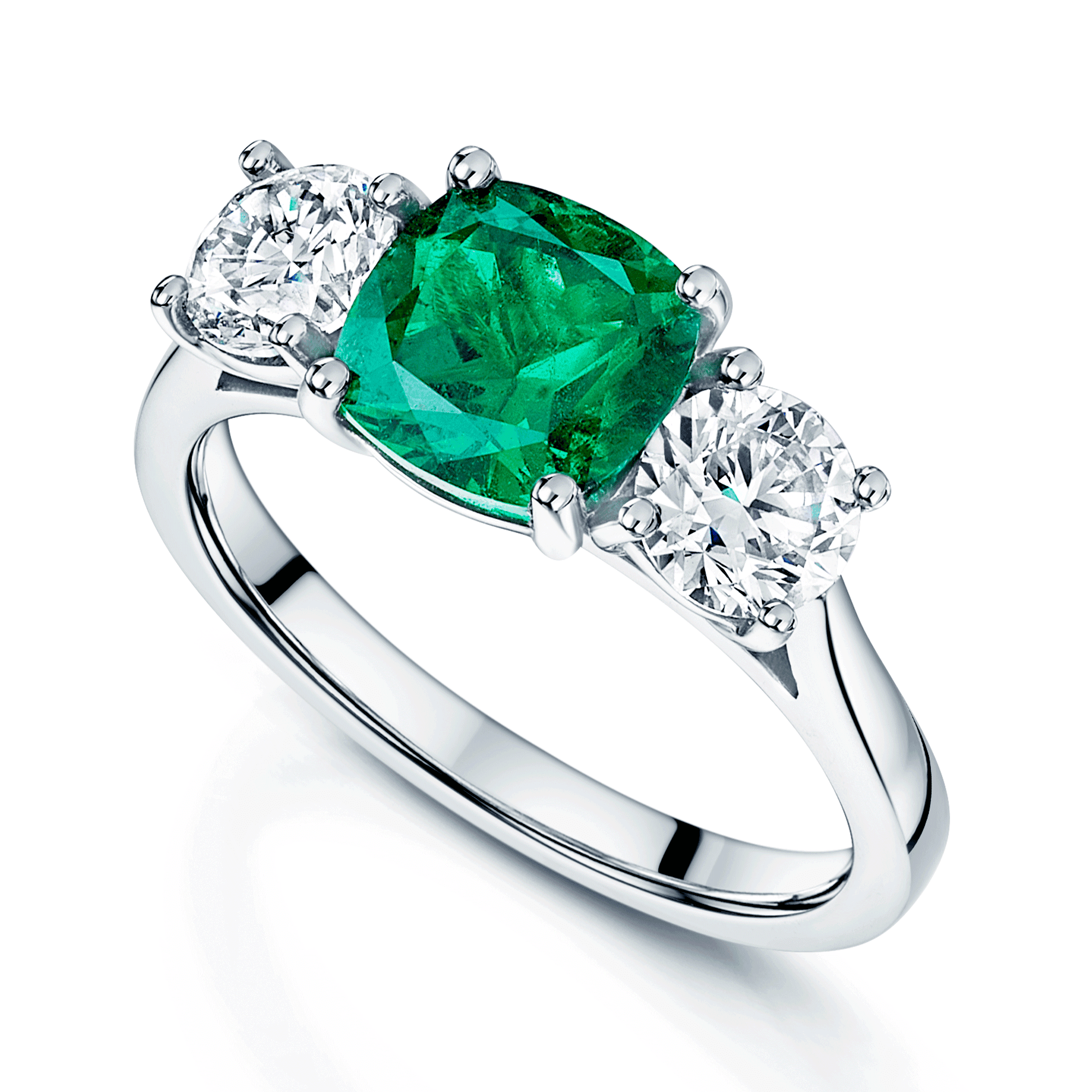 Berry's Platinum Cushion Cut Natural Emerald And Round Brilliant Cut Diamond 3 Stone Ring - Berry's Jewellers