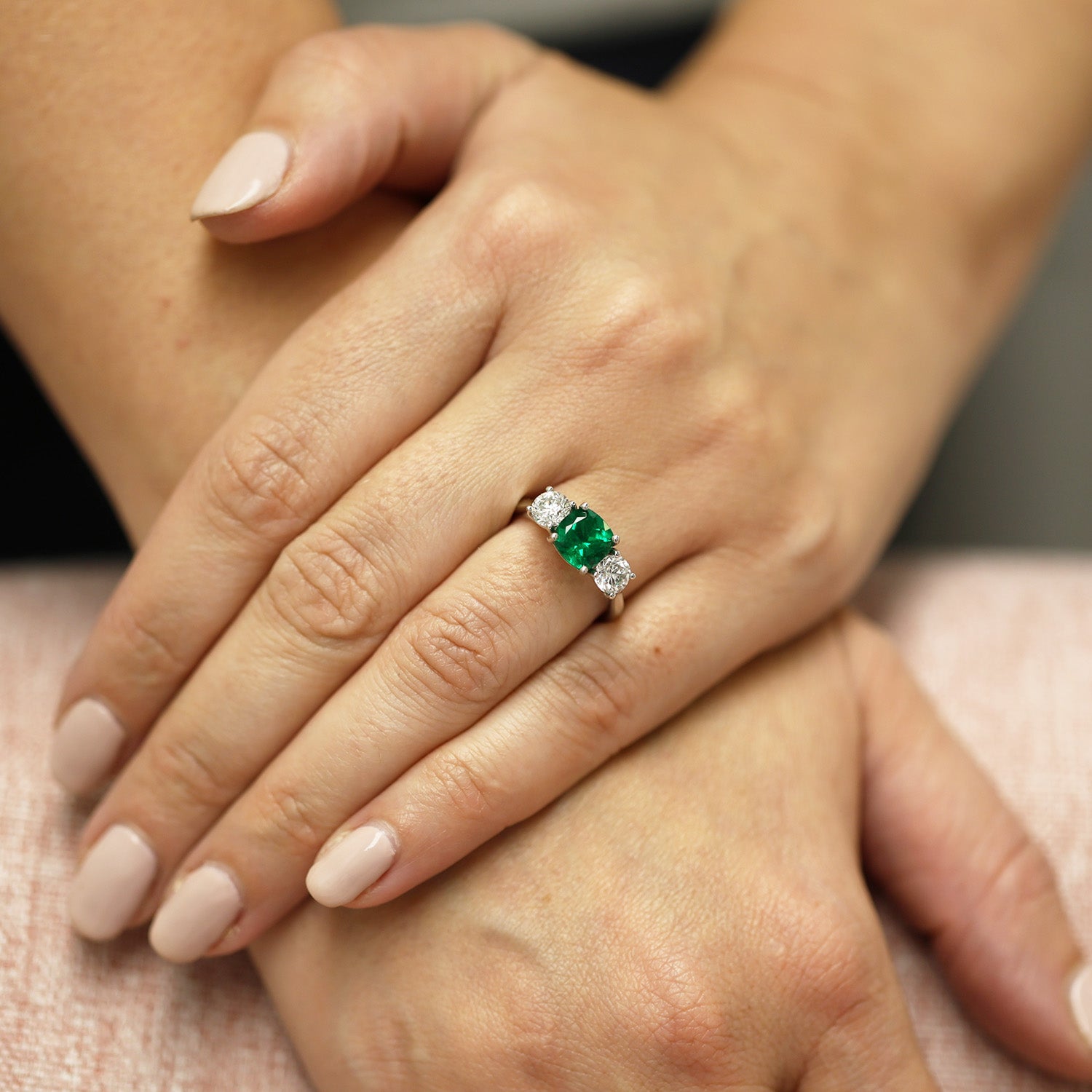 Platinum Cushion Cut Natural Emerald And Round Brilliant Cut Diamond 3 Stone Ring