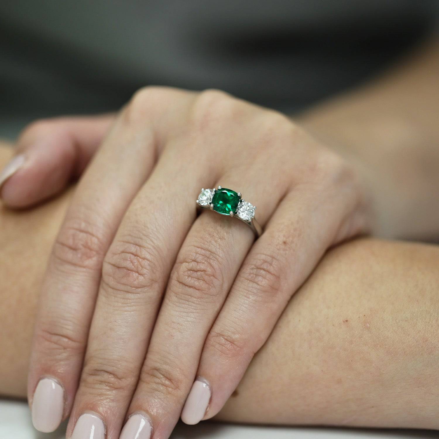 Berry's Platinum Cushion Cut Natural Emerald And Round Brilliant Cut Diamond 3 Stone Ring - Berry's Jewellers