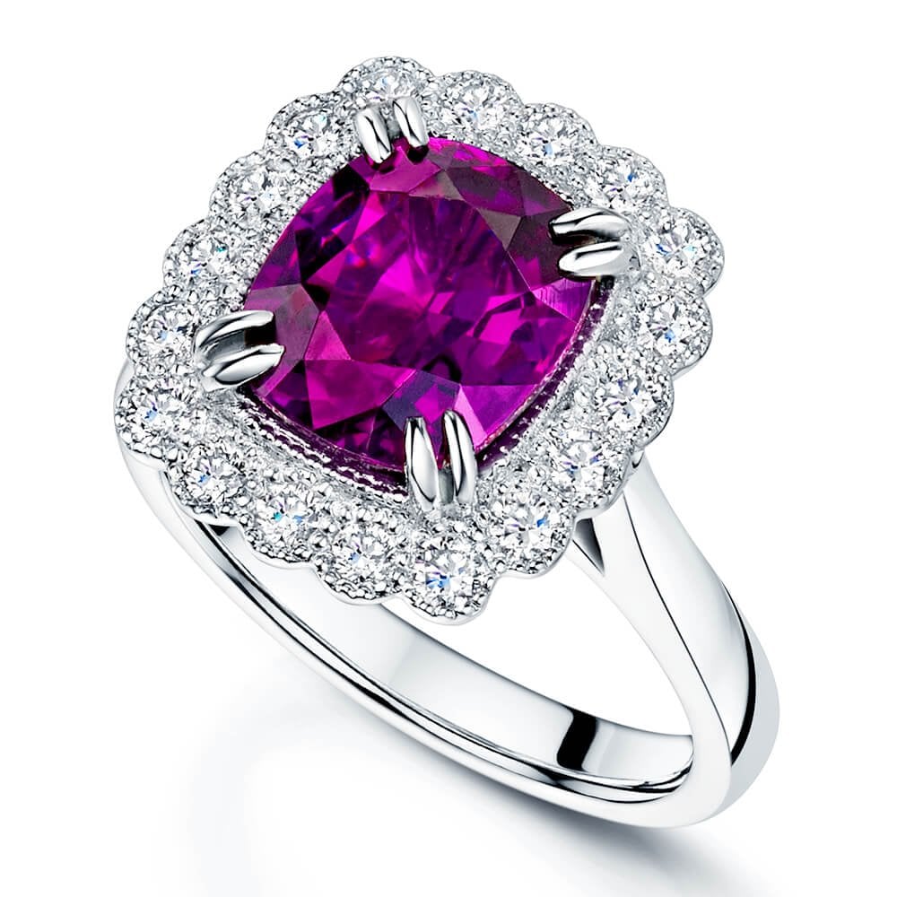 Platinum Cushion Cut Rhodolite Garnet & Diamond Cluster Ring