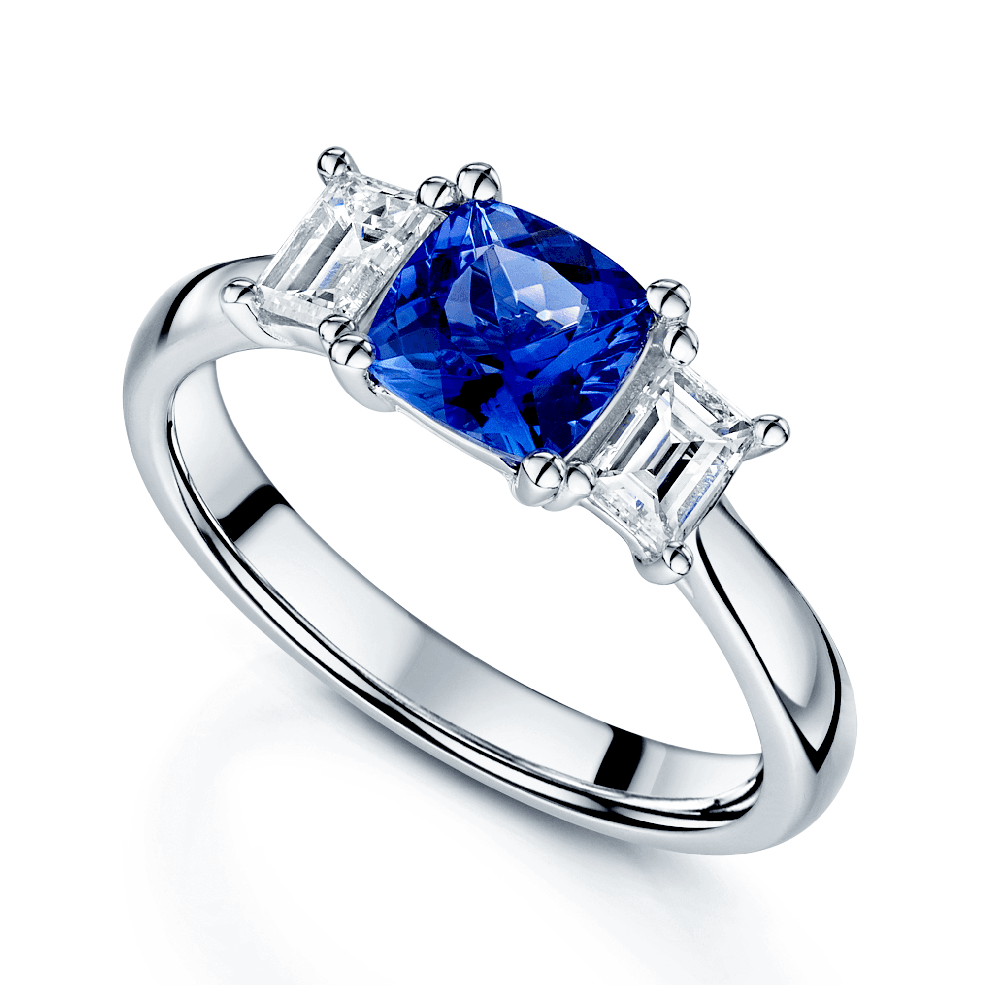 Berry's Platinum Cushion Cut Tanzanite And Baguette Cut Diamond Three Stone Dress Ring - Berry's Jewellers