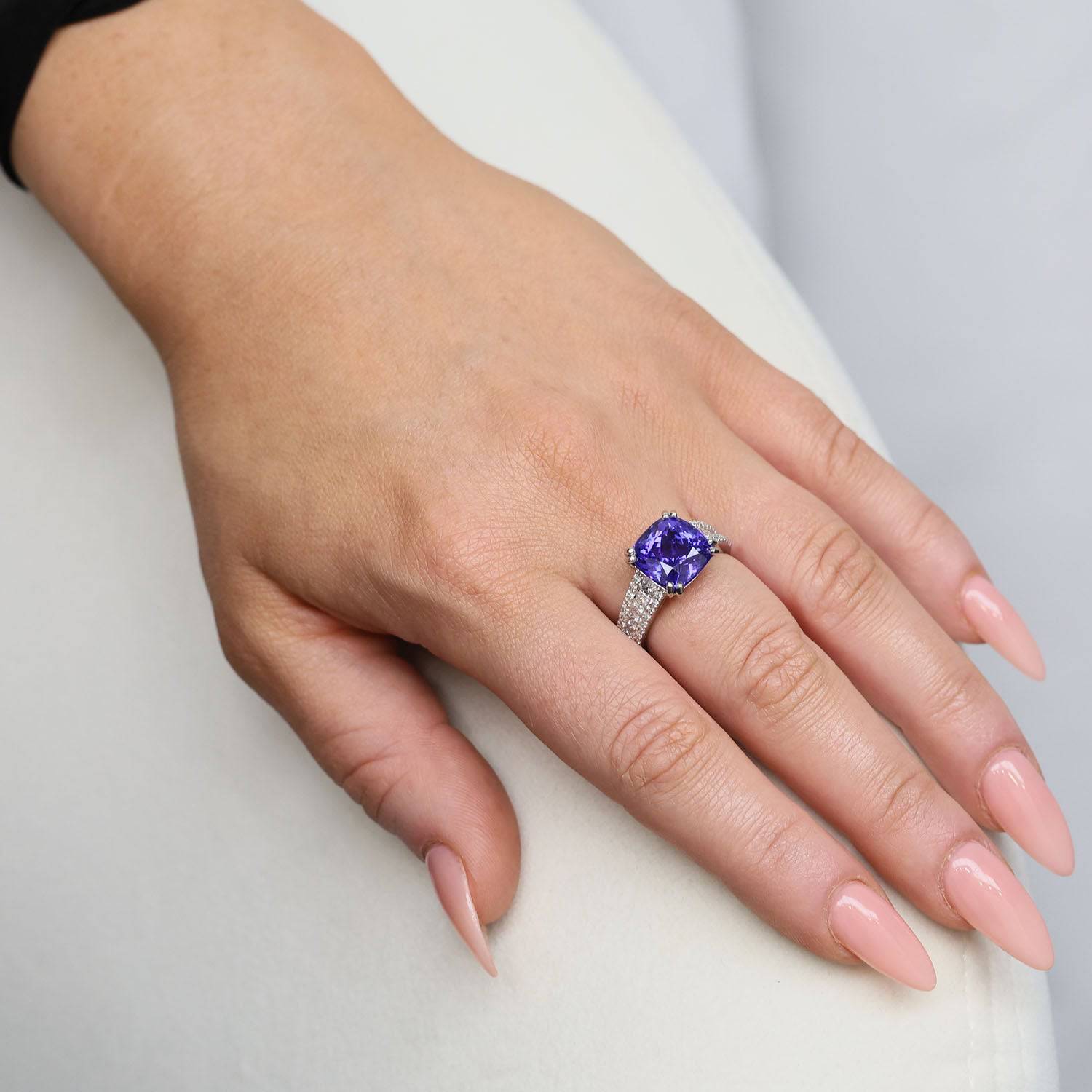 Berry's Platinum Cushion Cut Tanzanite Ring With Diamond Set Shoulders - Berry's Jewellers