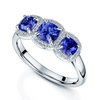 Berry's Platinum Cushion Cut Tanzanite Three Stone Ring with Diamond Halo Surround - Berry's Jewellers