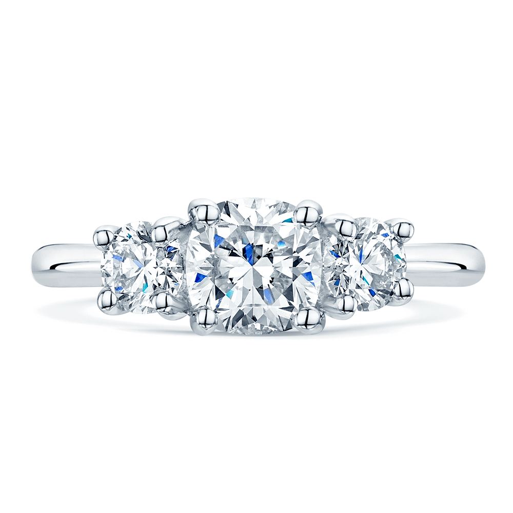 Platinum Cushion & Round Brilliant Cut Diamond Trilogy Ring