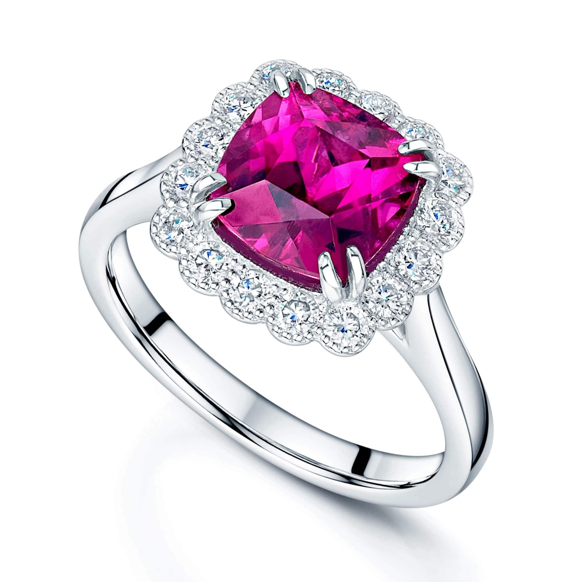 Berry's Platinum Cushion Shape Rubelite Tourmaline And Diamond Halo Cluster Dress Ring - Berry's Jewellers