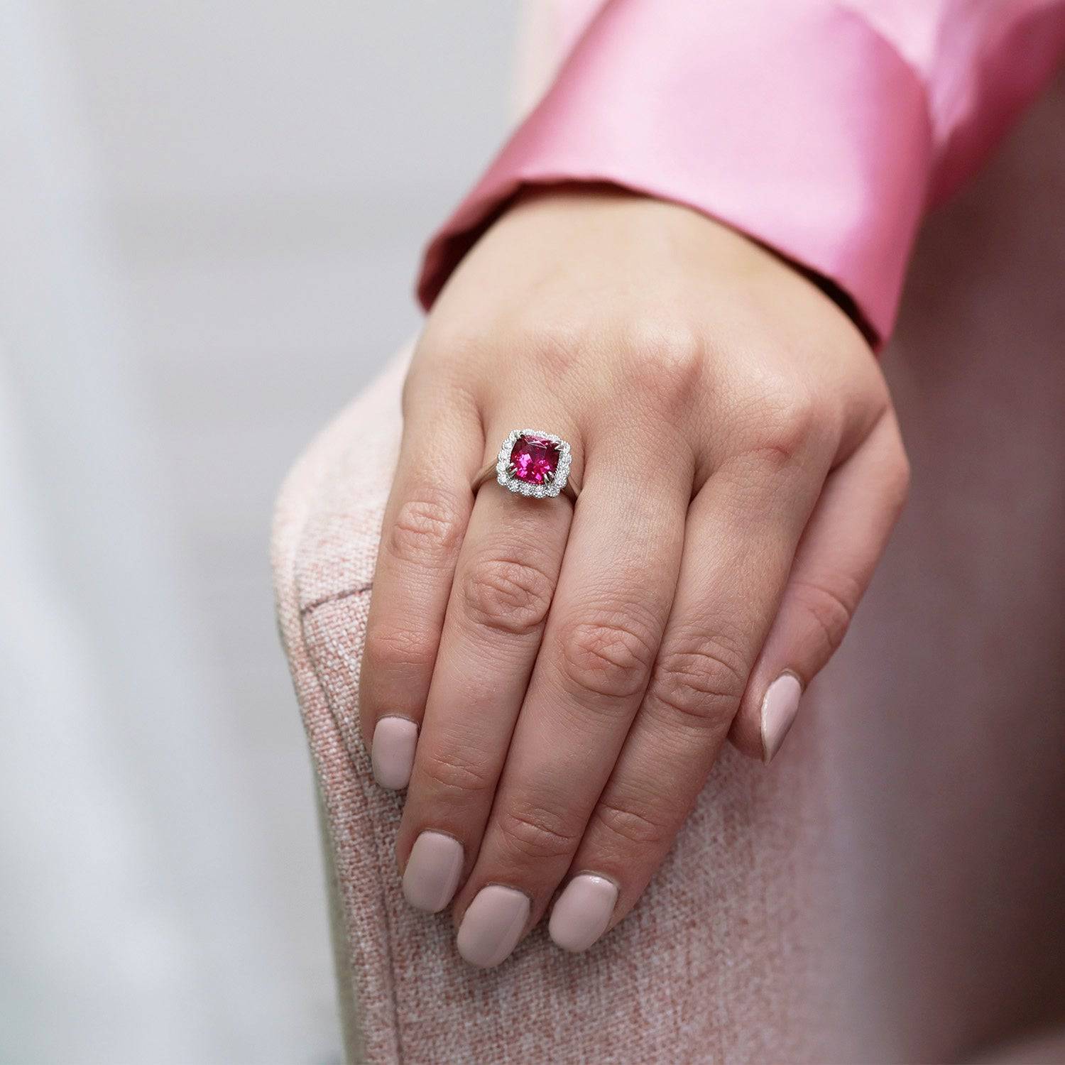 Berry's Platinum Cushion Shape Rubelite Tourmaline And Diamond Halo Cluster Dress Ring - Berry's Jewellers