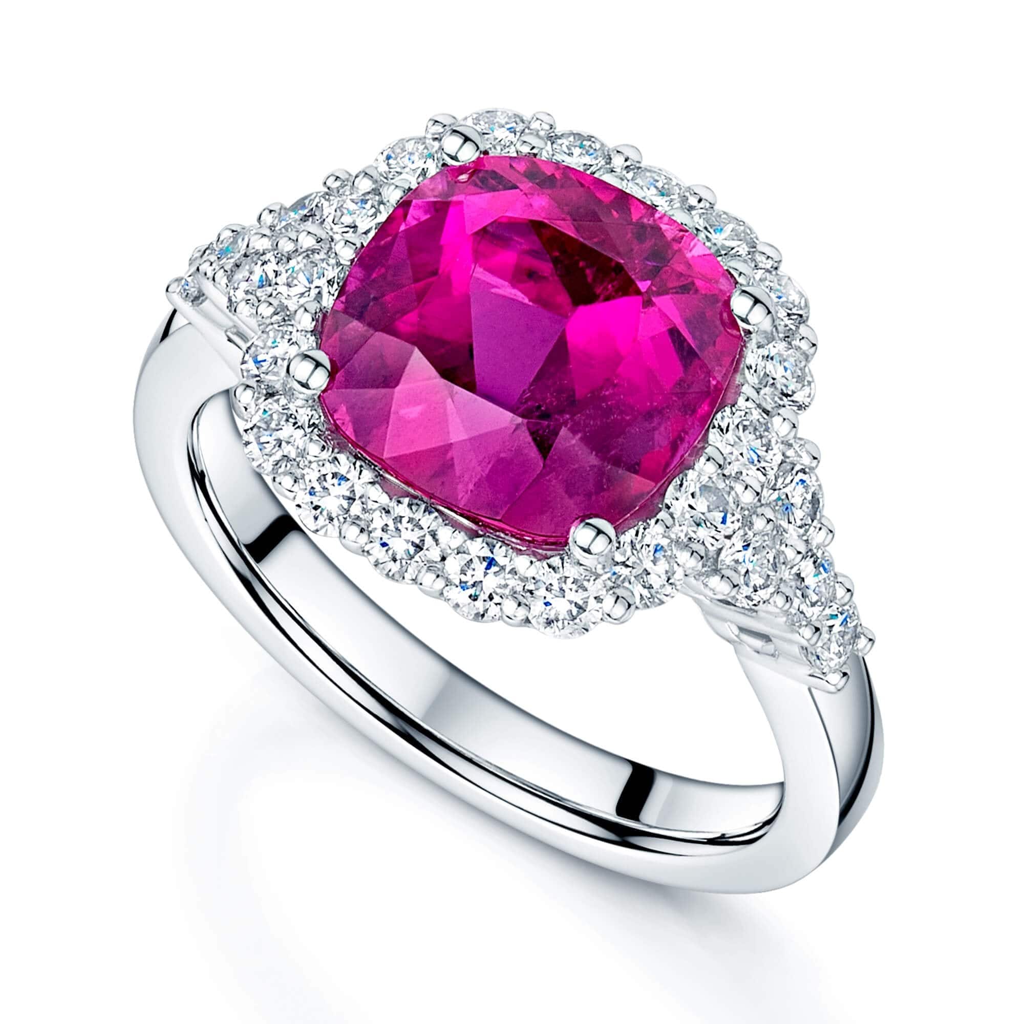 Berry's Platinum Cushion Shape Rubelite Tourmaline And Diamond Halo Cluster Dress Ring With Diamond Shoulders - Berry's Jewellers