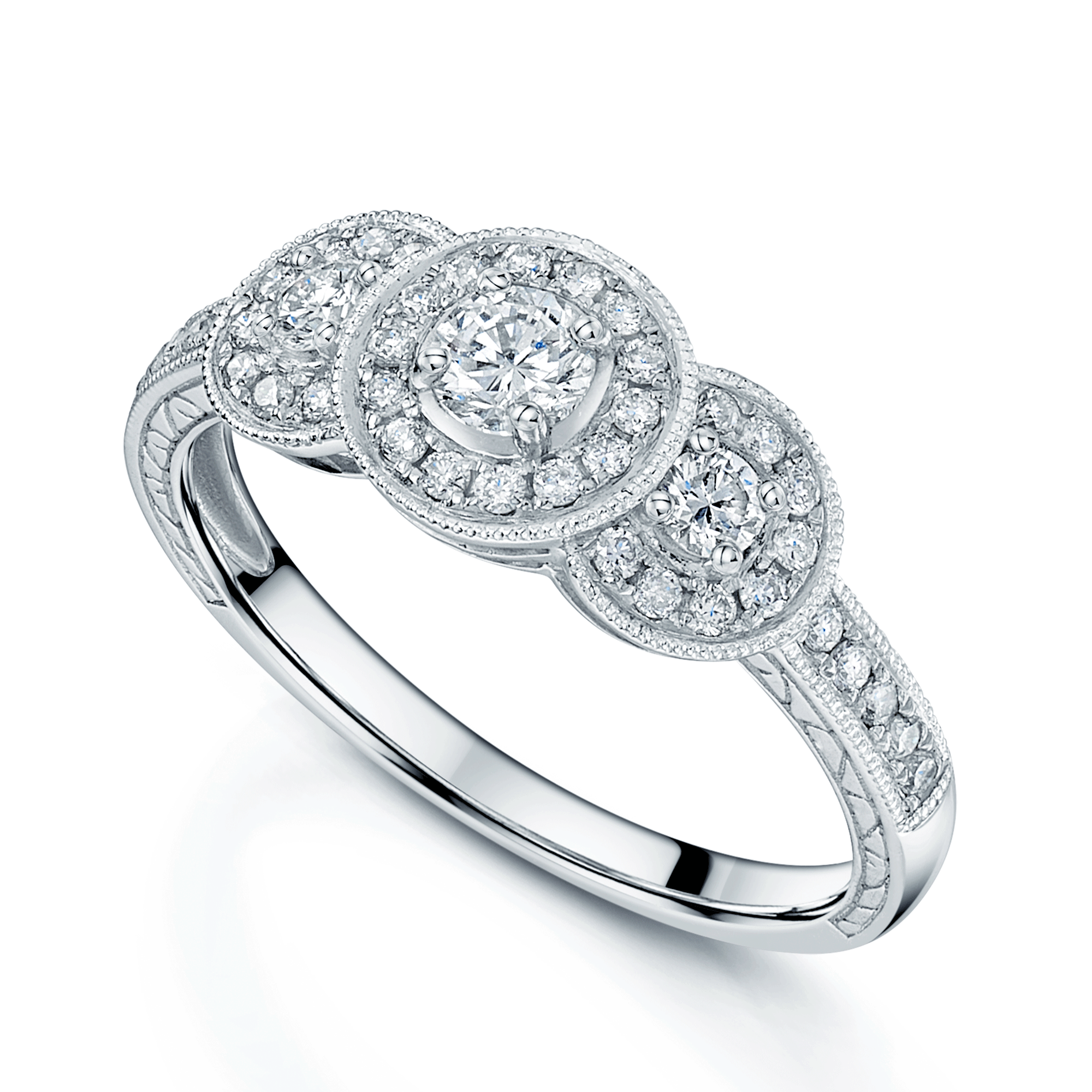 Platinum Diamond Halo Three Stone Ring With Diamond Set Shoulders