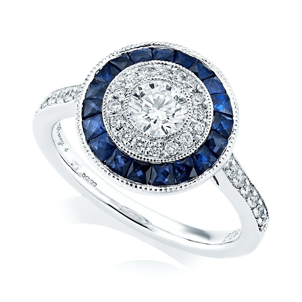 Berry's Platinum Double Halo Diamond & Sapphires Ring - Berry's Jewellers